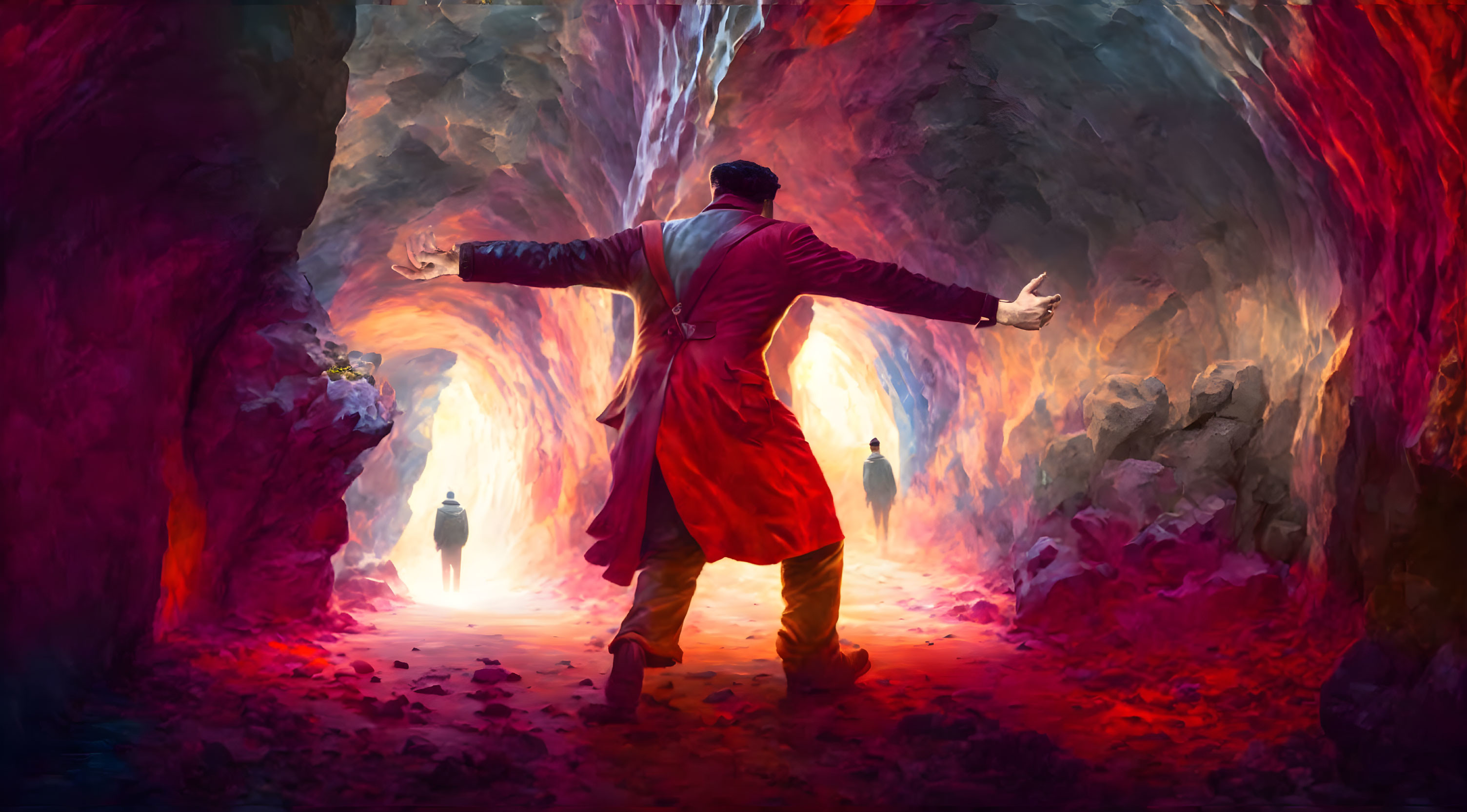 Person in Red Coat with Outstretched Arms in Vibrant Red-Lit Cave