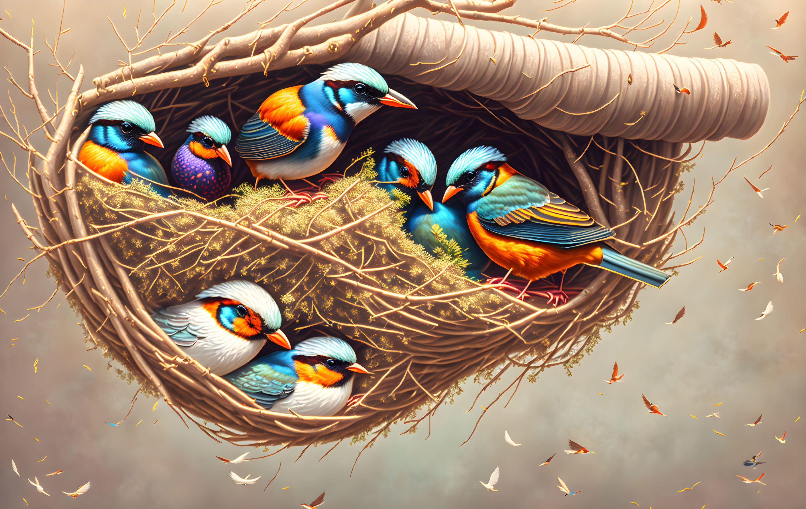 Vibrant birds in woven nest on pipe with floating leaves in warm ambiance