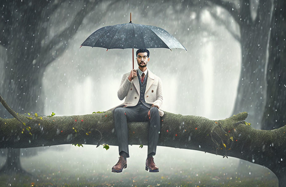 Man in Suit Sitting on Tree Trunk with Blue Umbrella in Rainy Forest