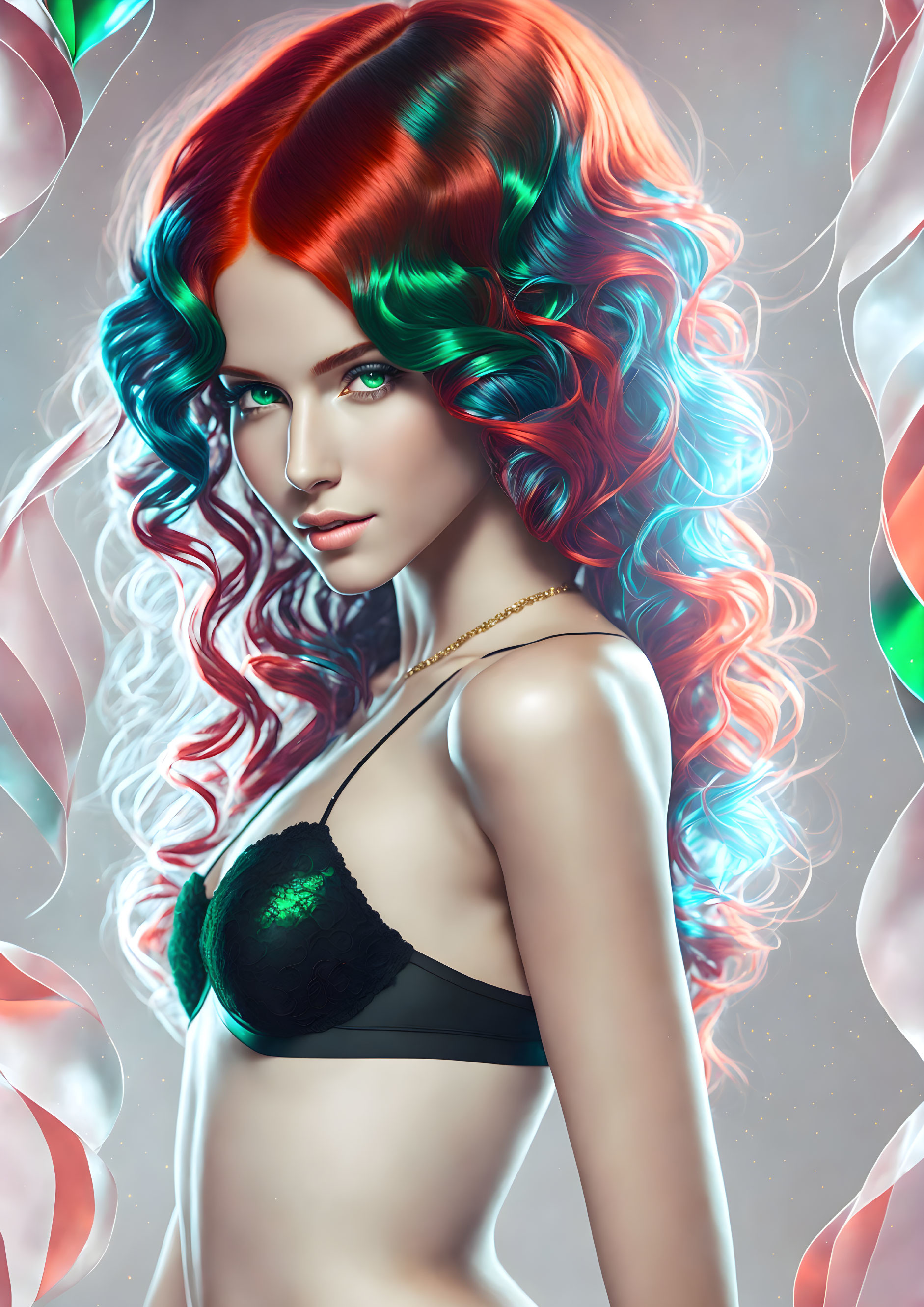 Vibrant digital artwork: Woman with colorful curly hair and black top on swirling background