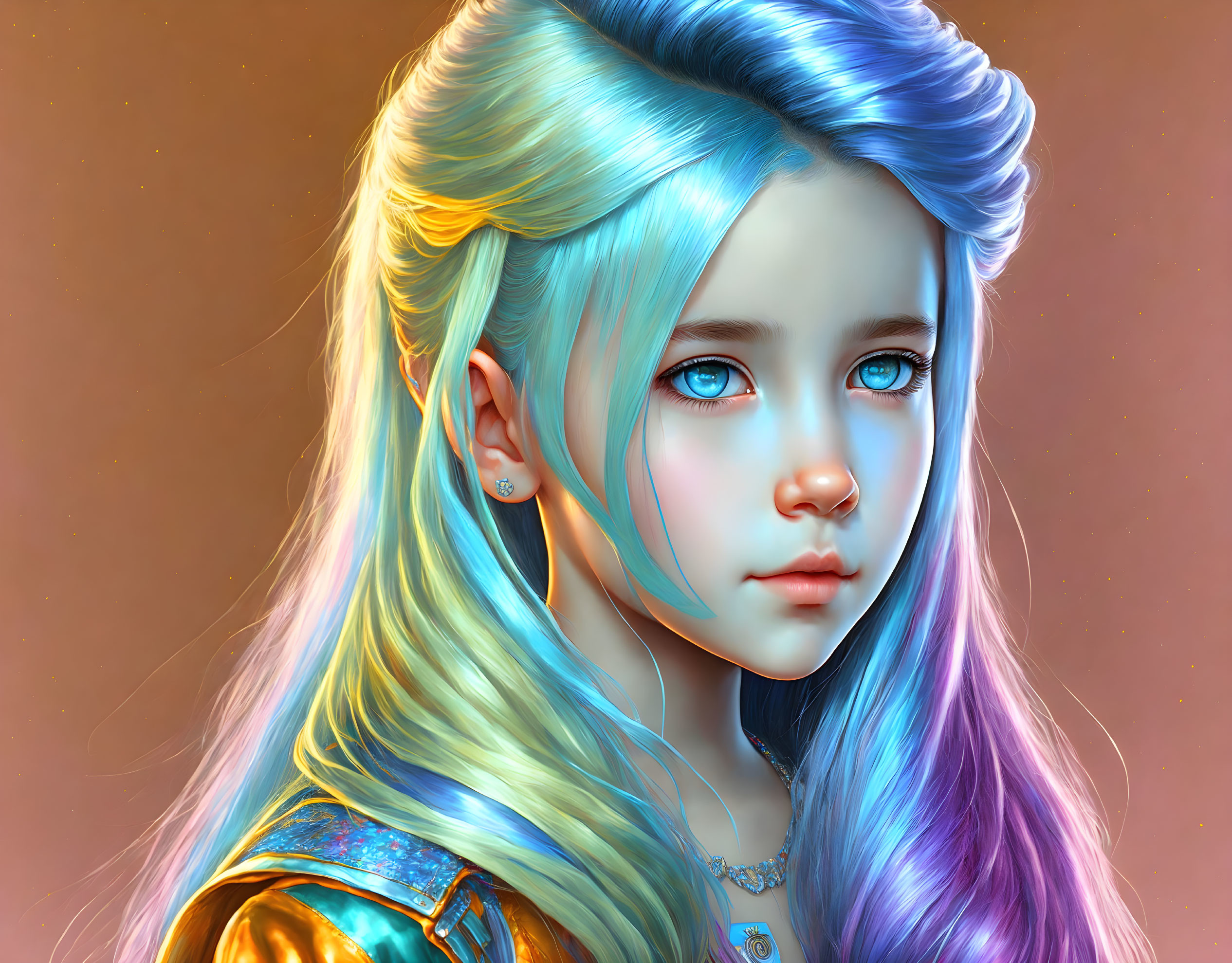 Portrait of young girl with blue eyes and colorful hair on warm amber backdrop