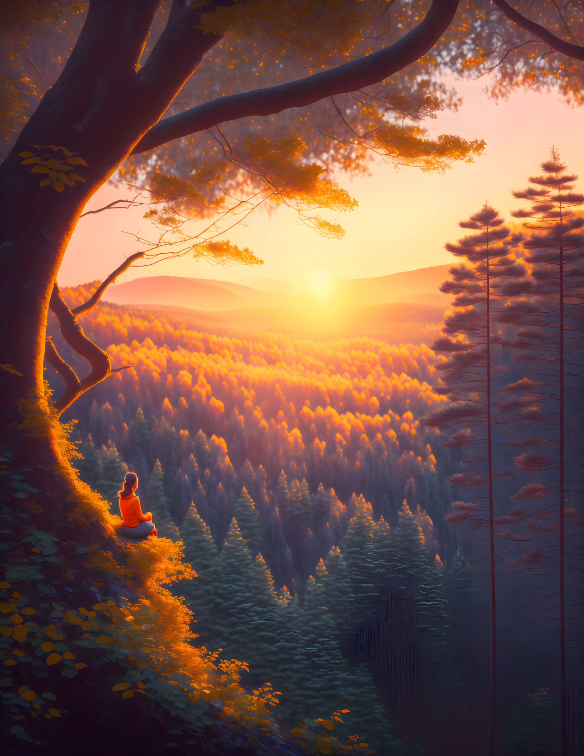 Person on Tree Branch Overlooking Serene Forest at Sunset