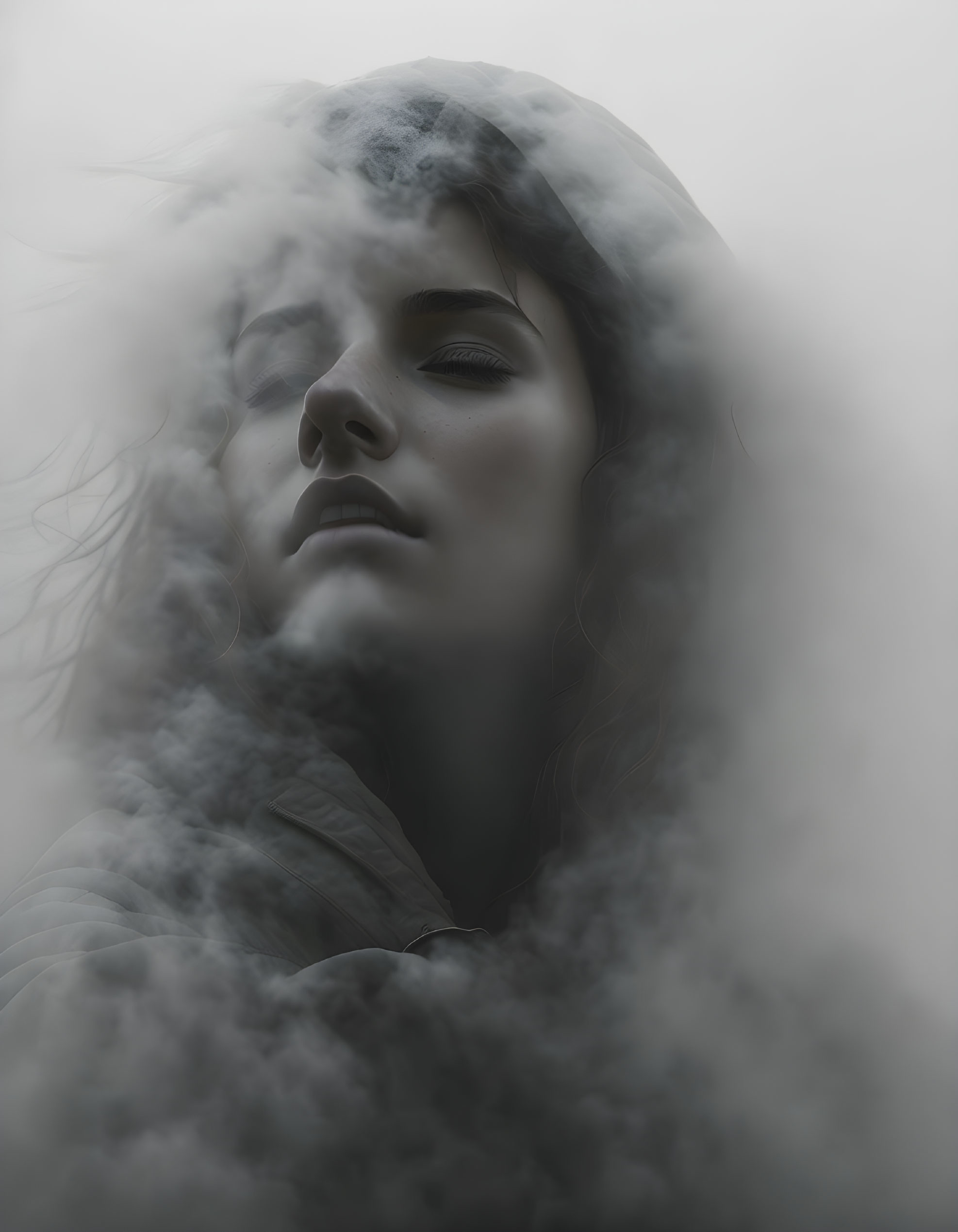 Serene woman in mist evokes dreamlike tranquility