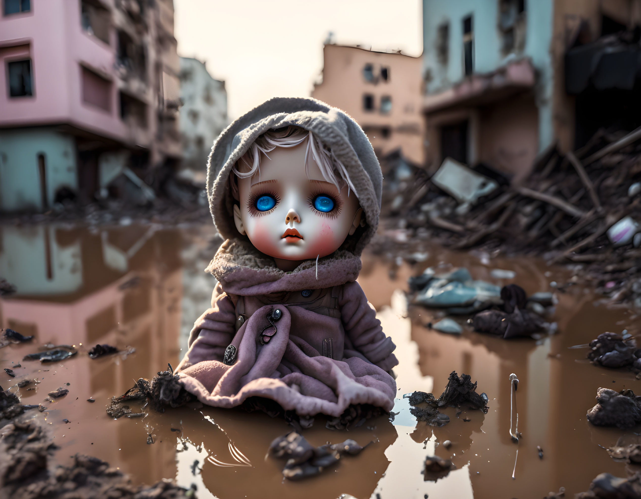 Porcelain doll with haunting blue eyes in muddy puddle evokes abandonment