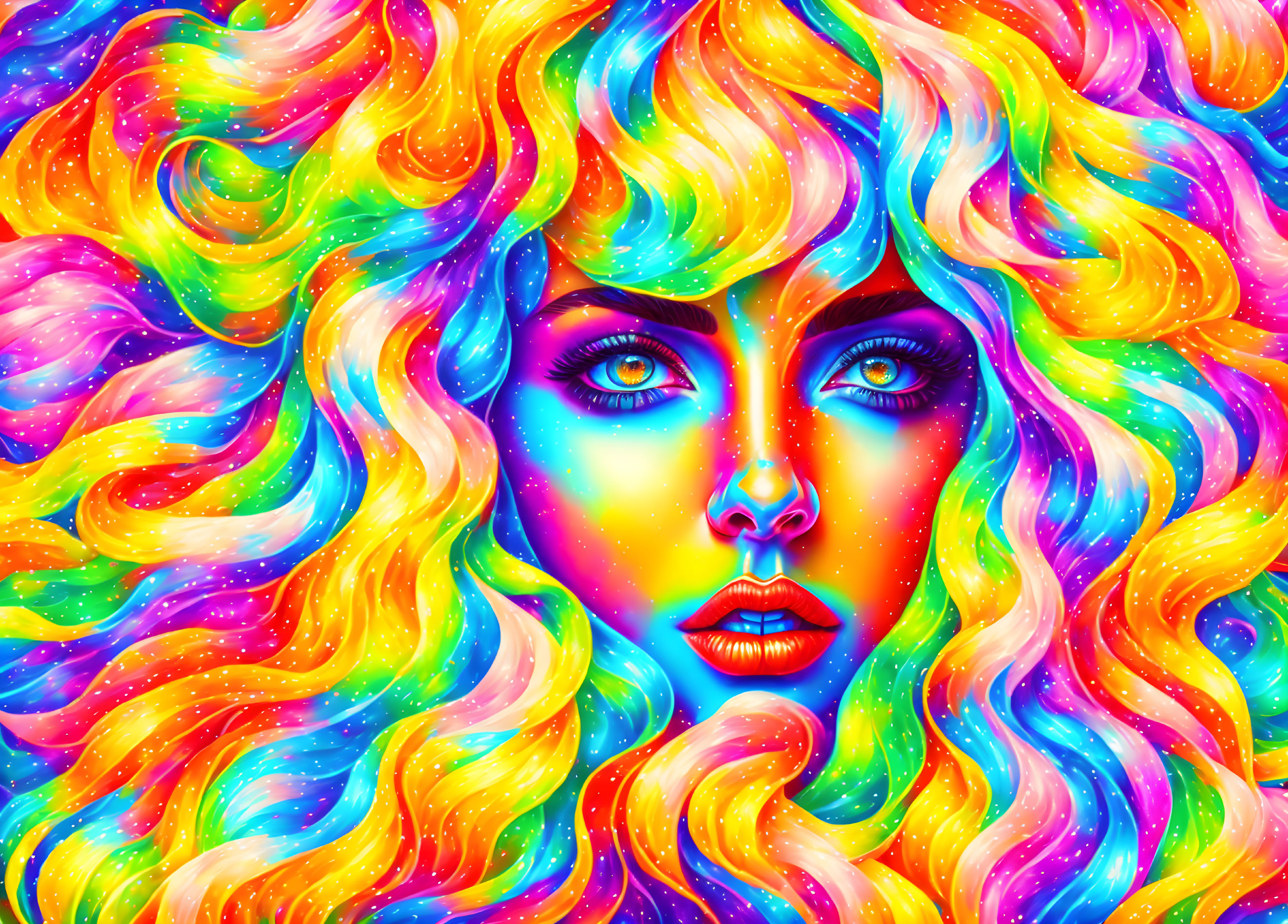 Colorful digital art portrait of a woman with rainbow hair and blue eyes