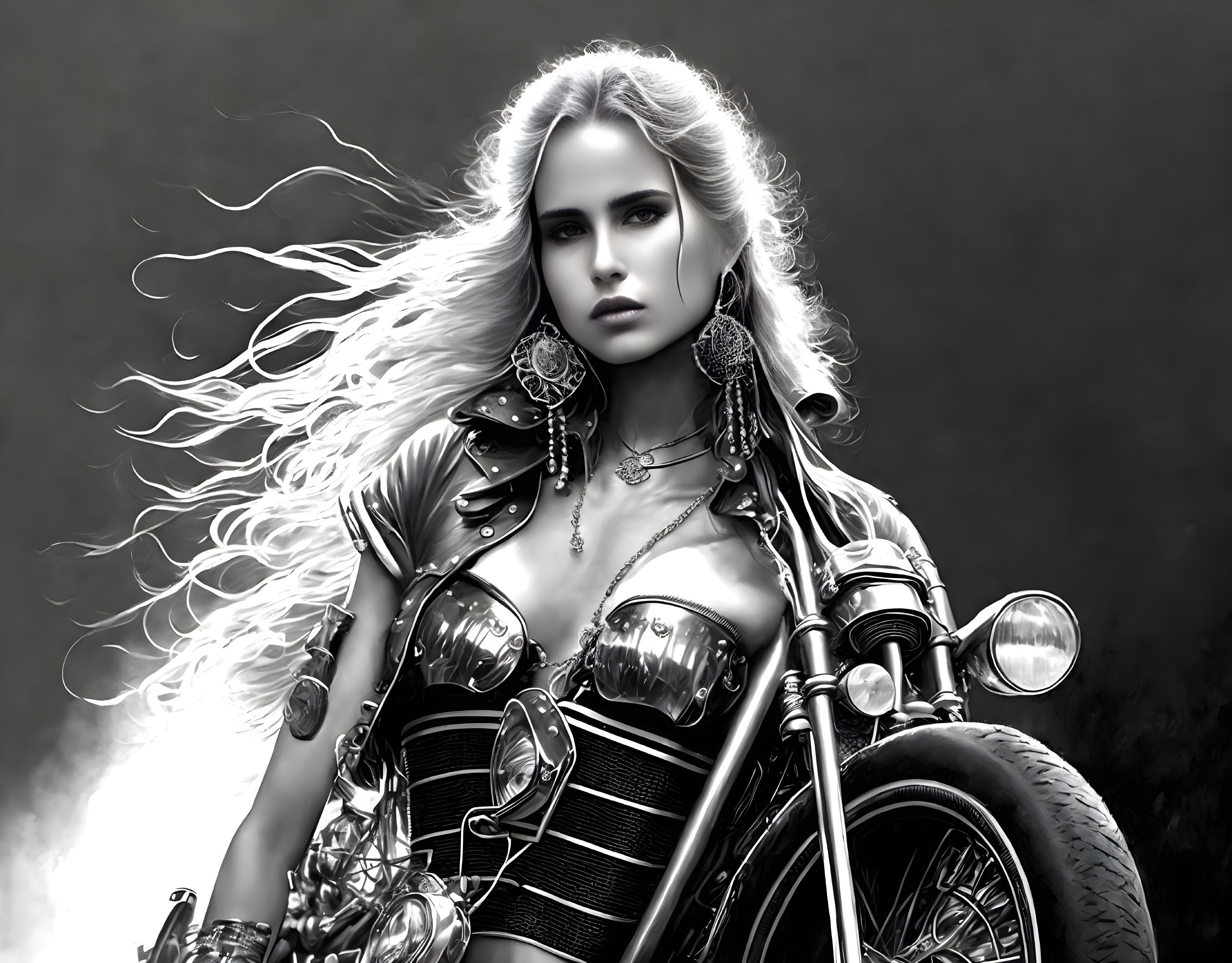 Monochrome artwork of woman in leather attire with motorcycle