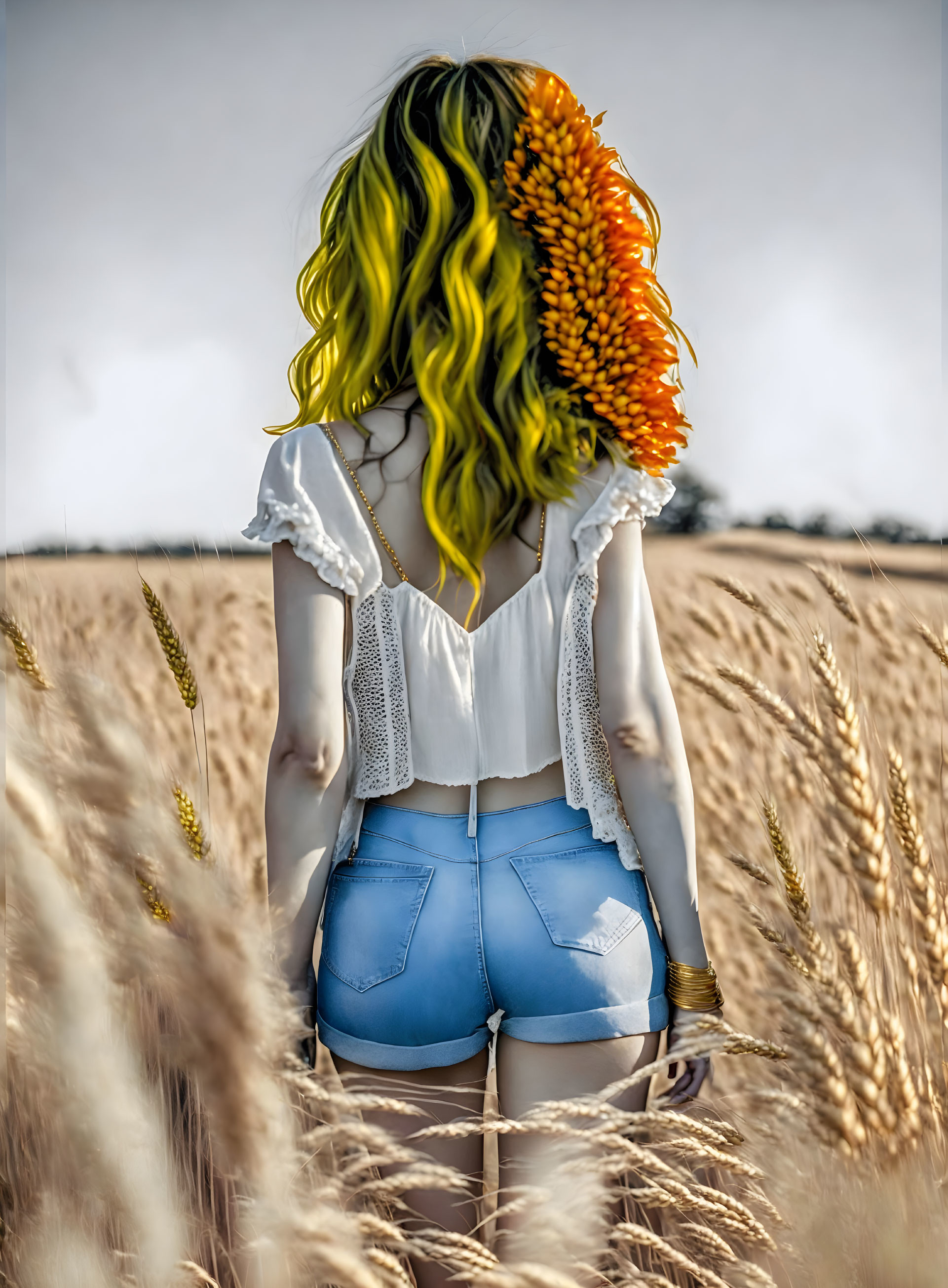 Colorful-haired woman in wheat field with sunflower portrait.