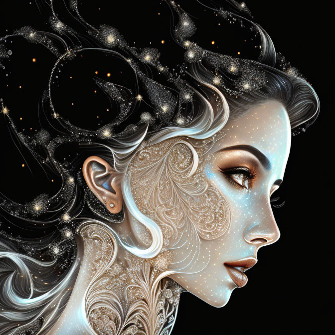 Detailed illustration of woman's profile with cosmic motifs and intricate patterns.