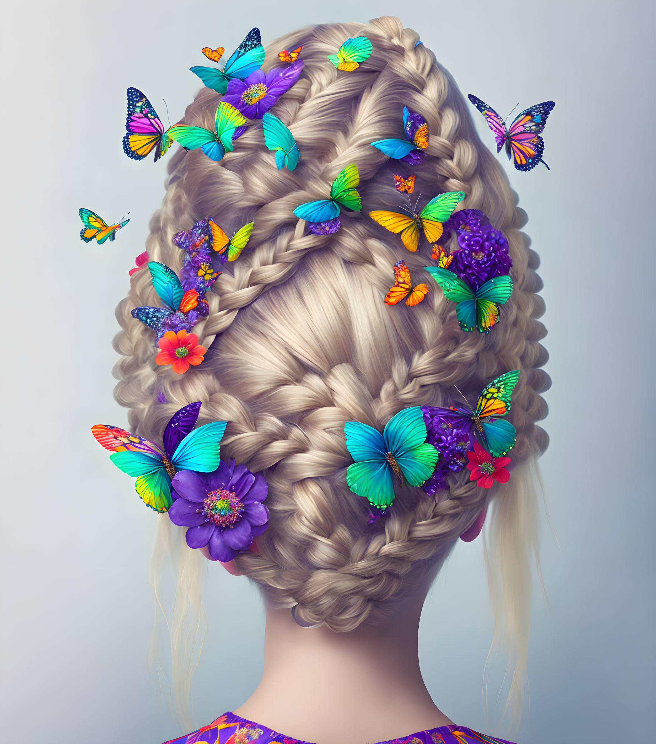 Elaborate braid with flowers and butterflies on woman's back