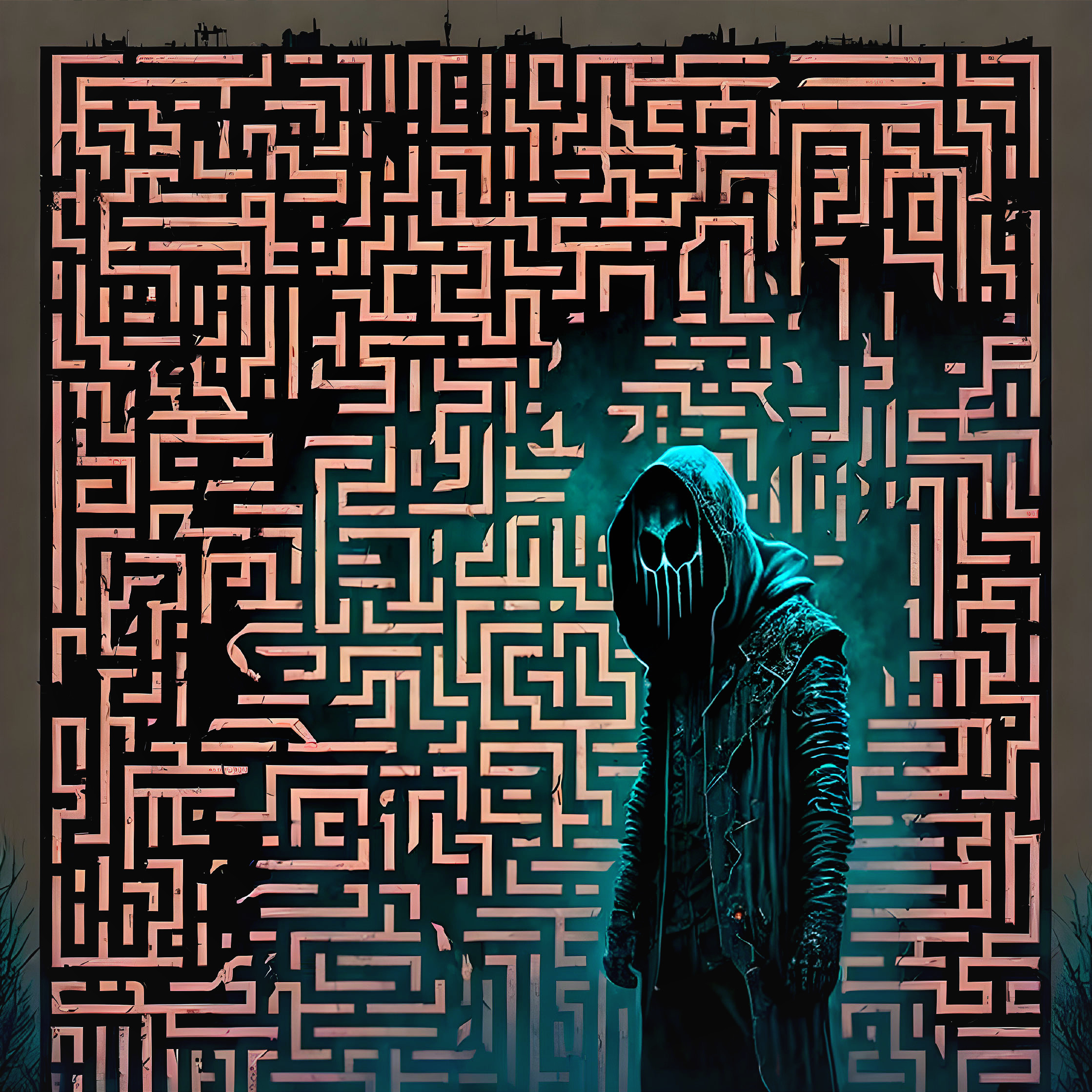 Hooded figure in front of black and turquoise maze mural