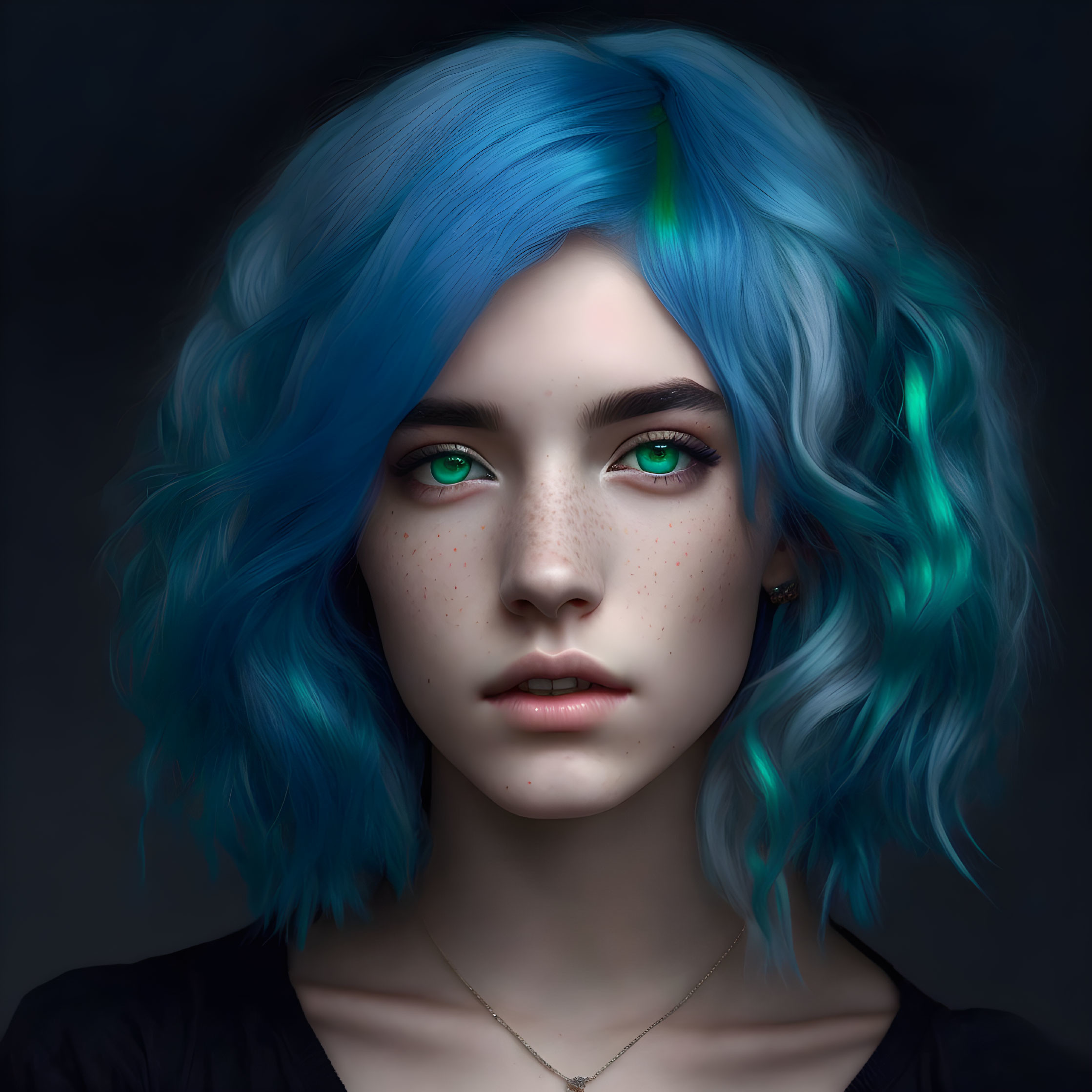 Person with Bright Blue Curly Hair and Green Eyes in Black Top