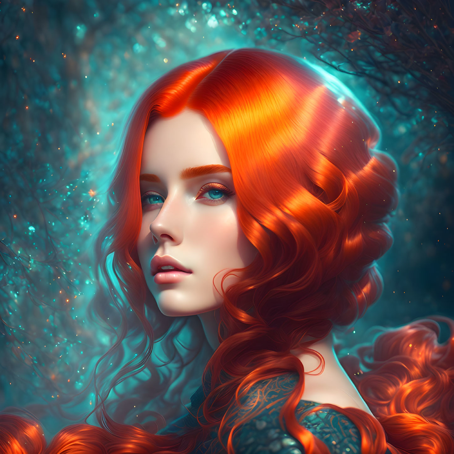 Digital artwork featuring woman with red hair and blue eyes in mystical setting.