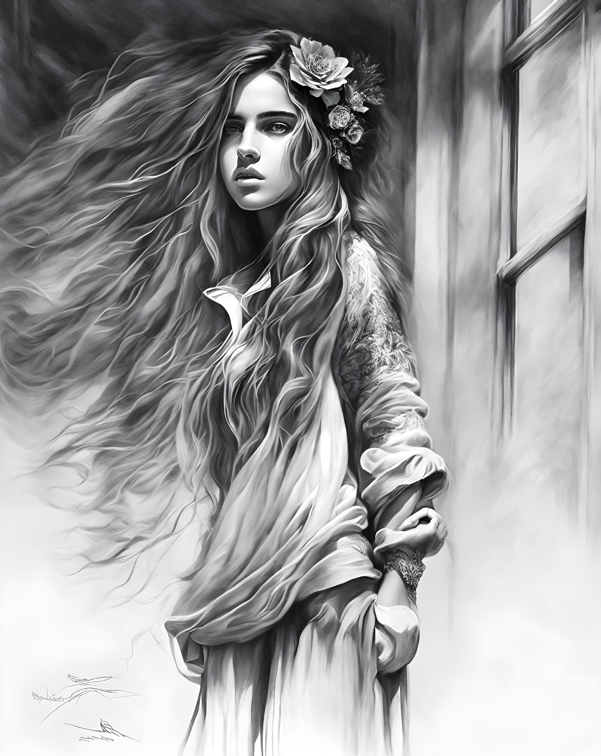 Monochromatic artwork of woman with flowing hair and floral adornment standing by window