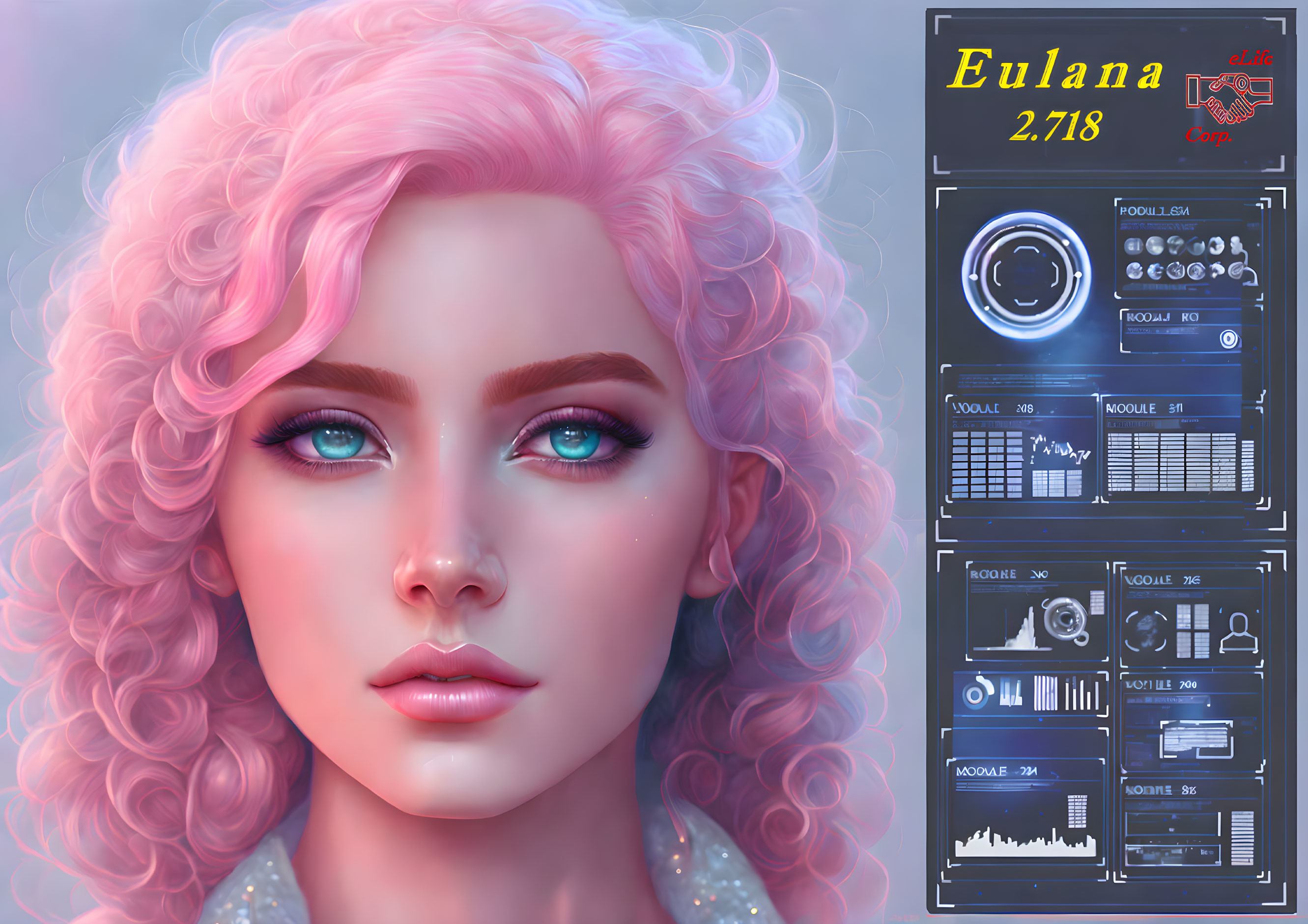 Female Cyborg Illustration with Pink Curly Hair and Blue Eyes