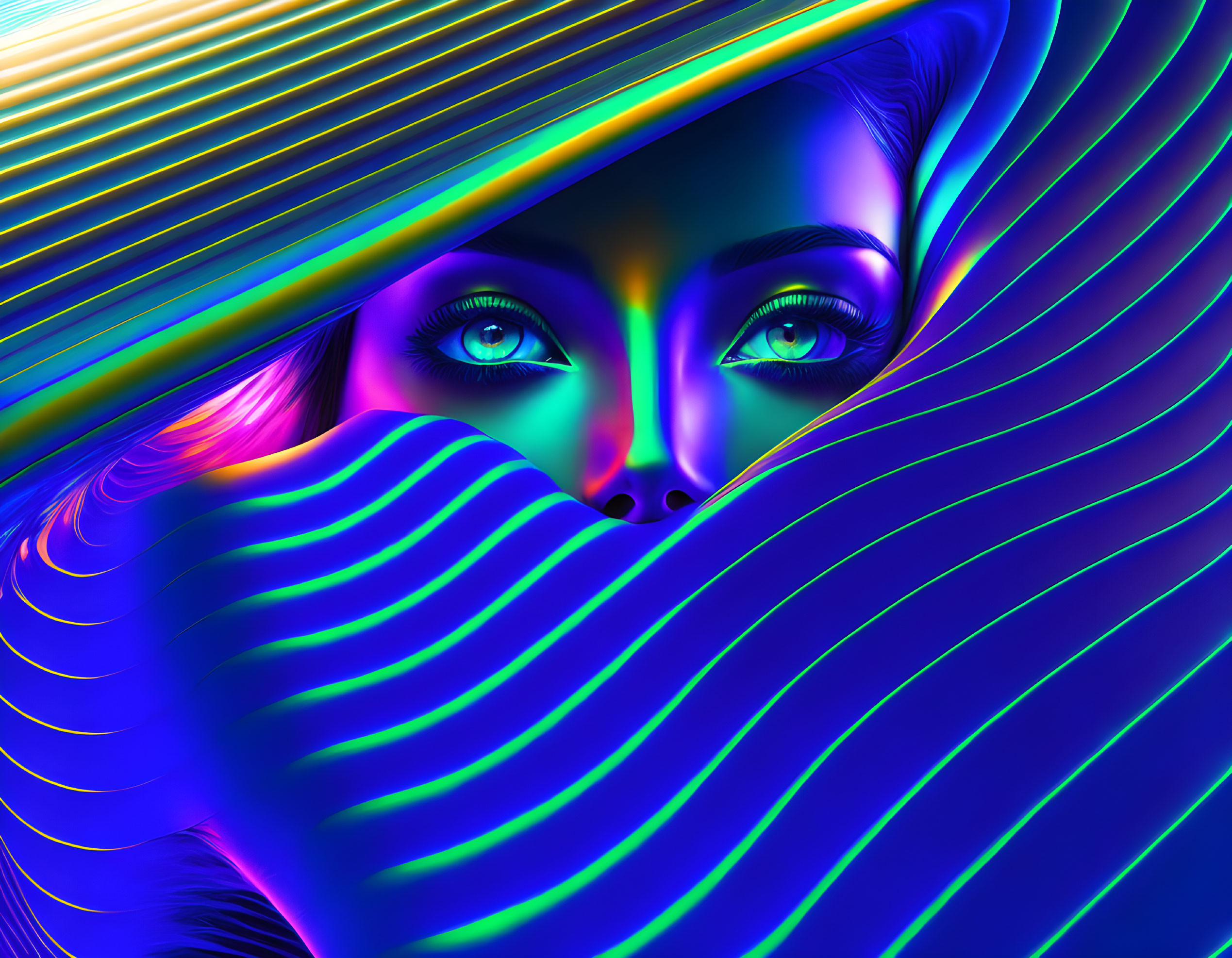 Vivid digital art: Woman's face with striking blue eyes above neon spectrum.