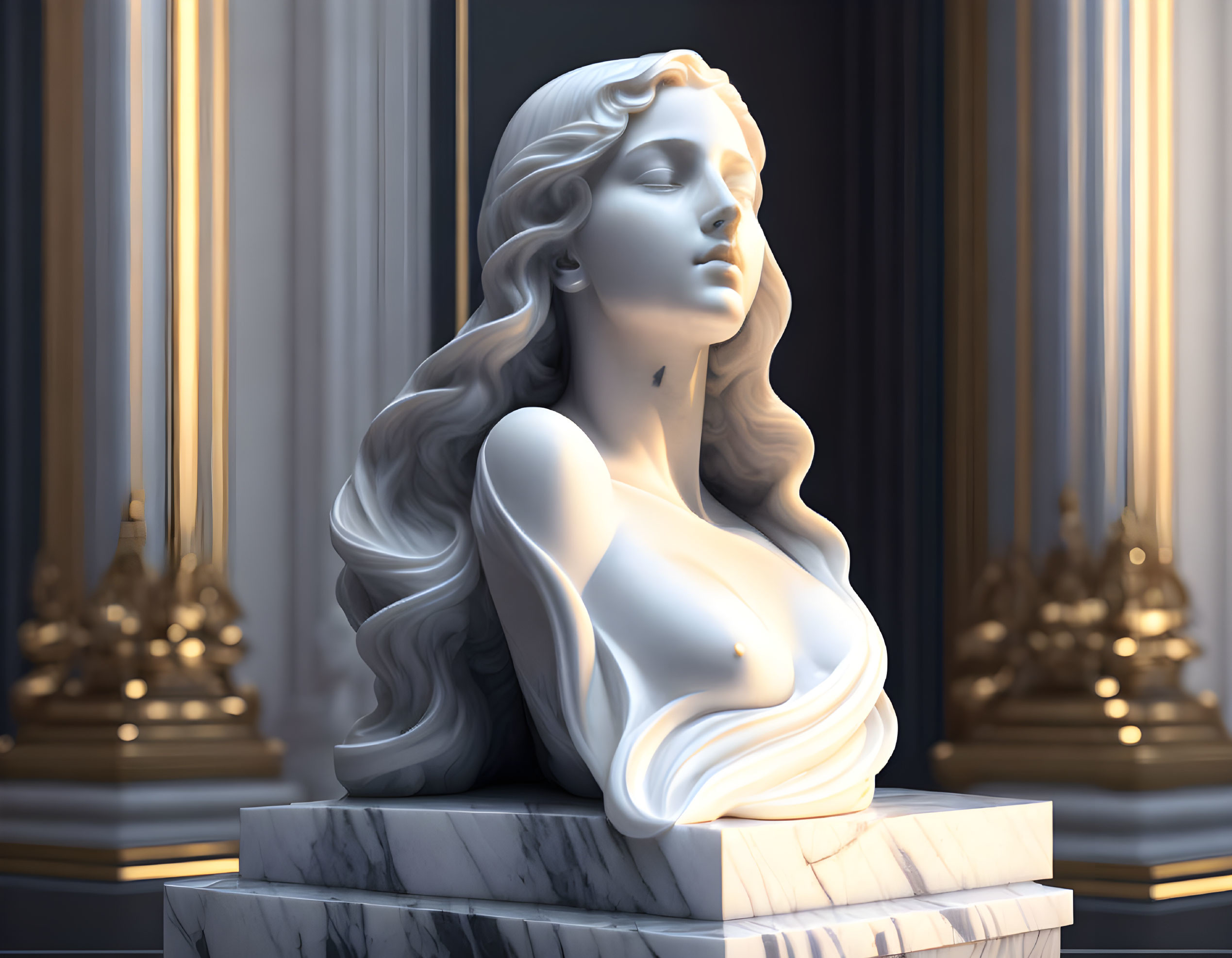 Realistic digital rendering of classical woman bust sculpture with flowing hair and grand pillars.