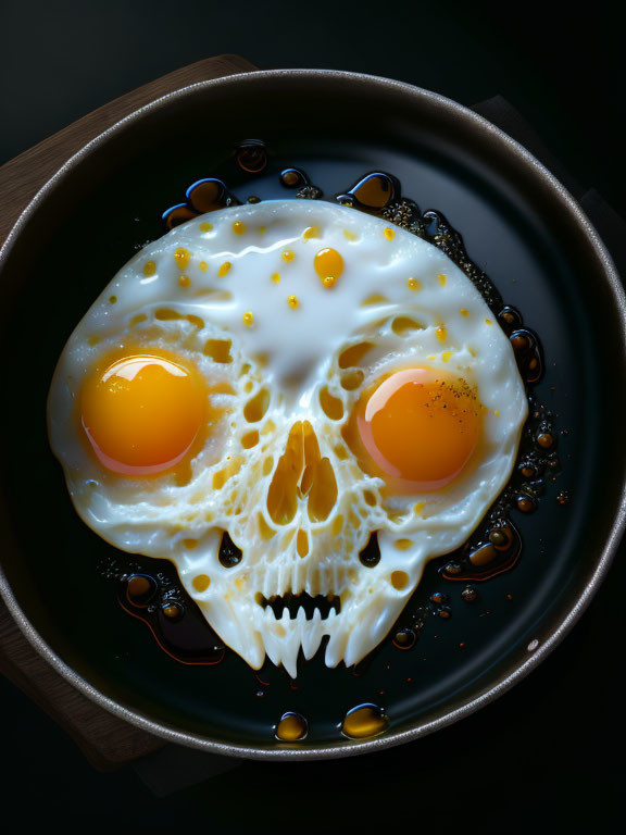 Skillet-fried egg resembles skull with yolks as eyes and white as bones