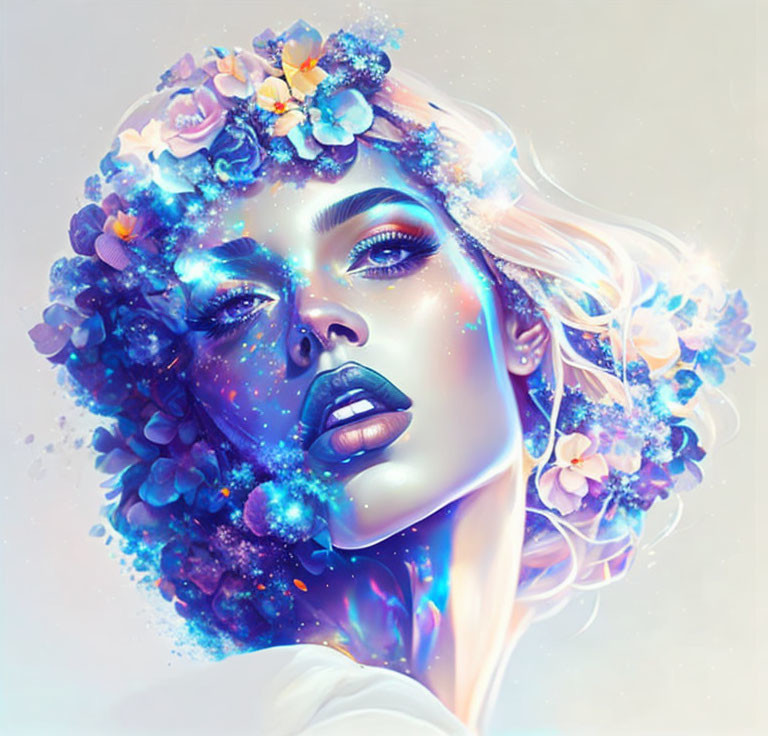 Digital portrait of a woman with cosmic and floral elements in her hair