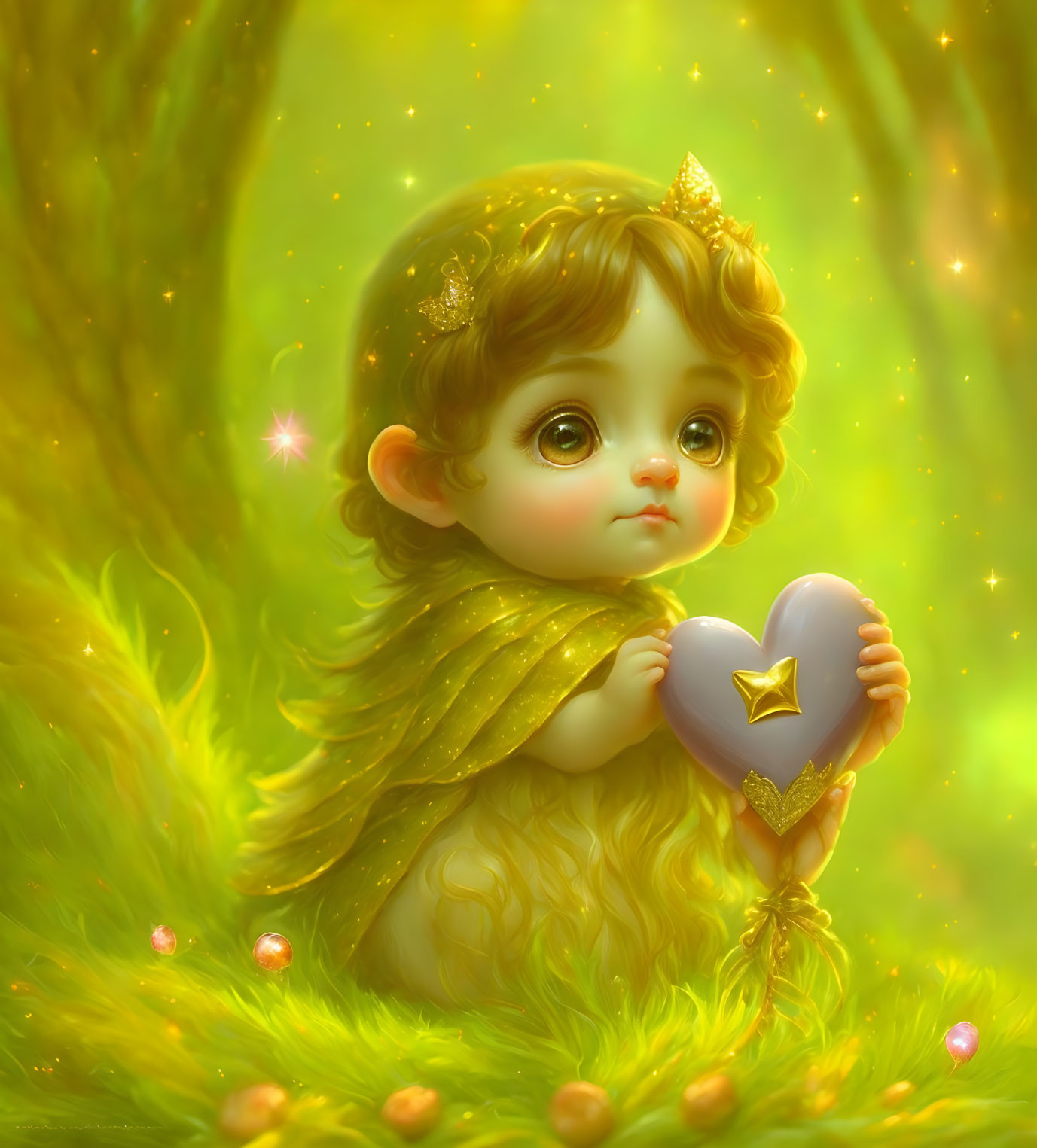 Child Holding Heart-Shaped Object in Enchanted Forest Illustration