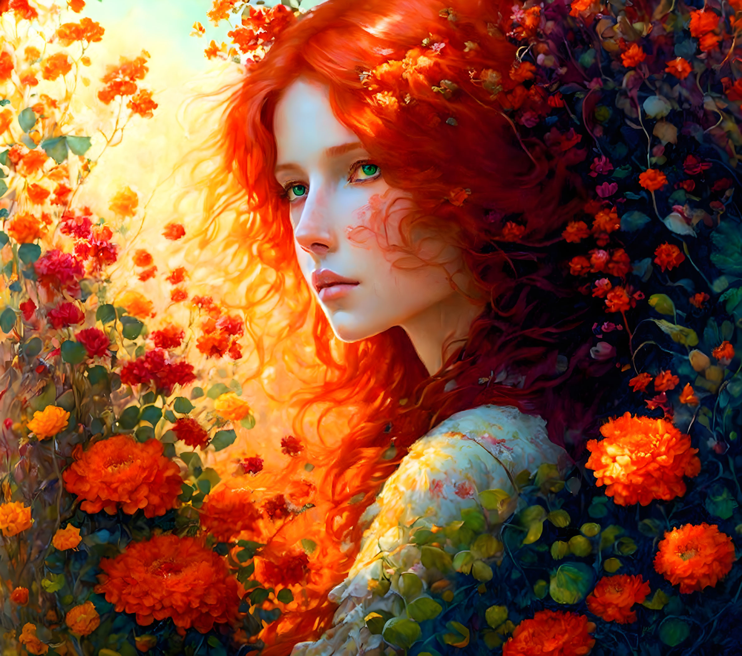 Vibrant red-haired woman in floral setting with orange flowers