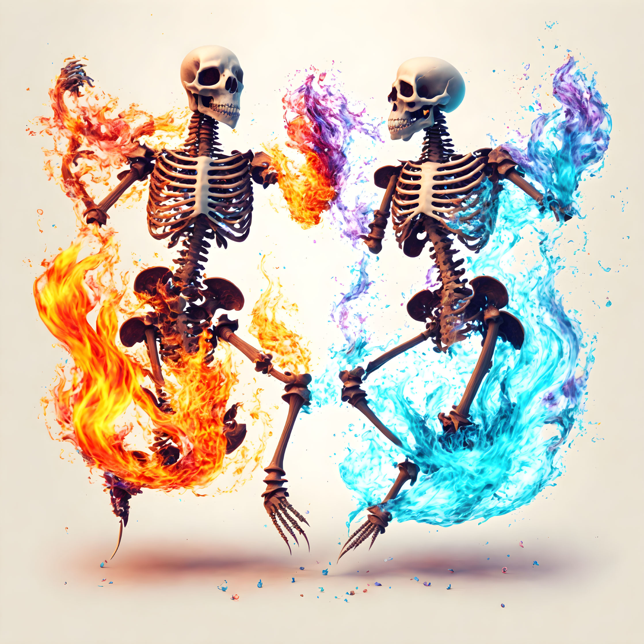 Skeletal figures clasping hands in swirling flames on light background