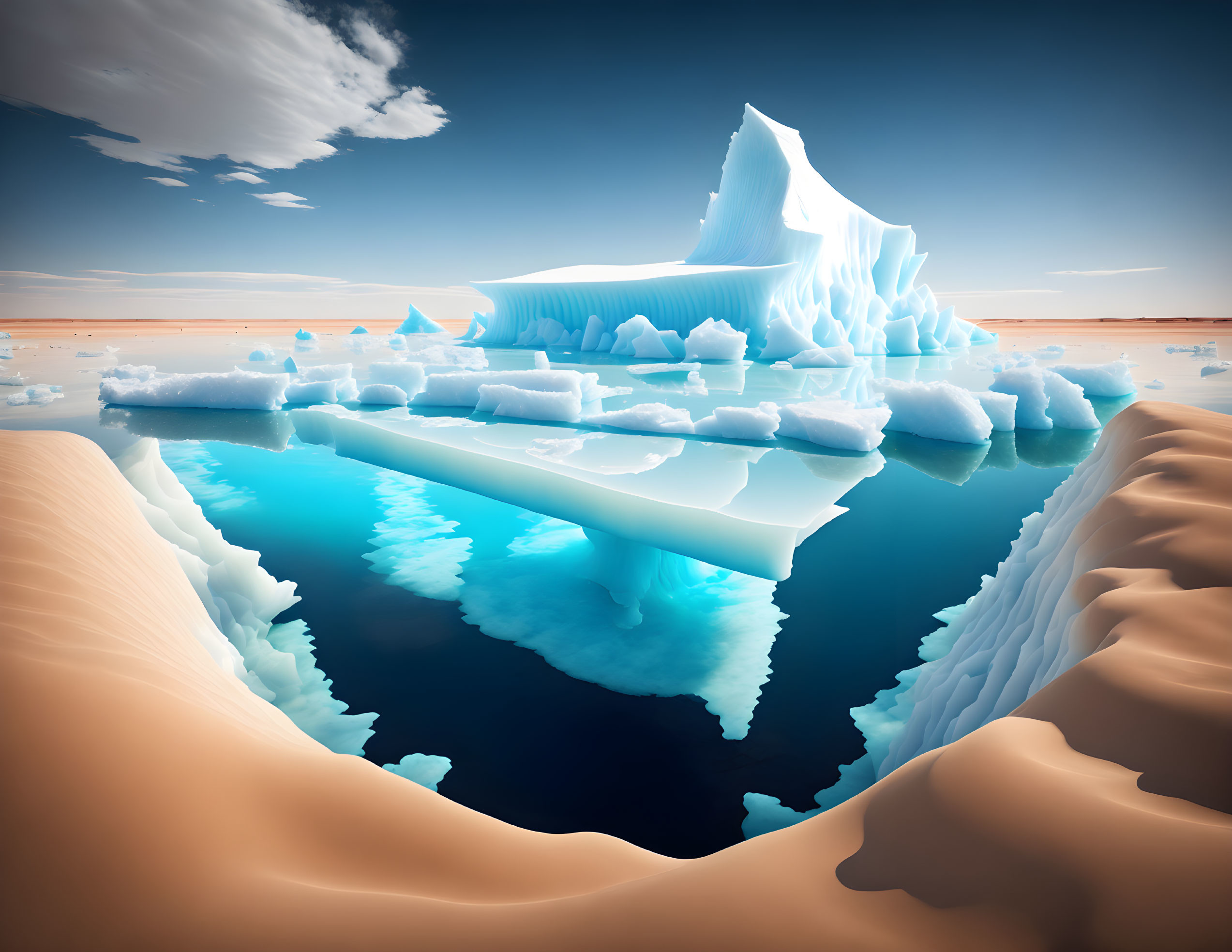 Iceberg and Ice Chunks in Blue Meltwater Pond with Desert Landscape