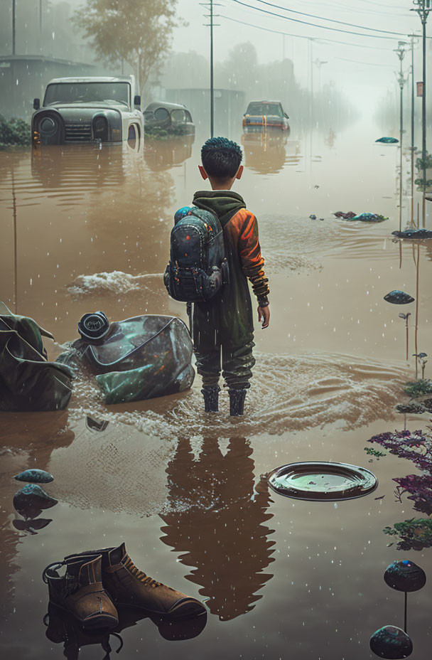 Boy with backpack in flooded street with floating debris and submerged cars