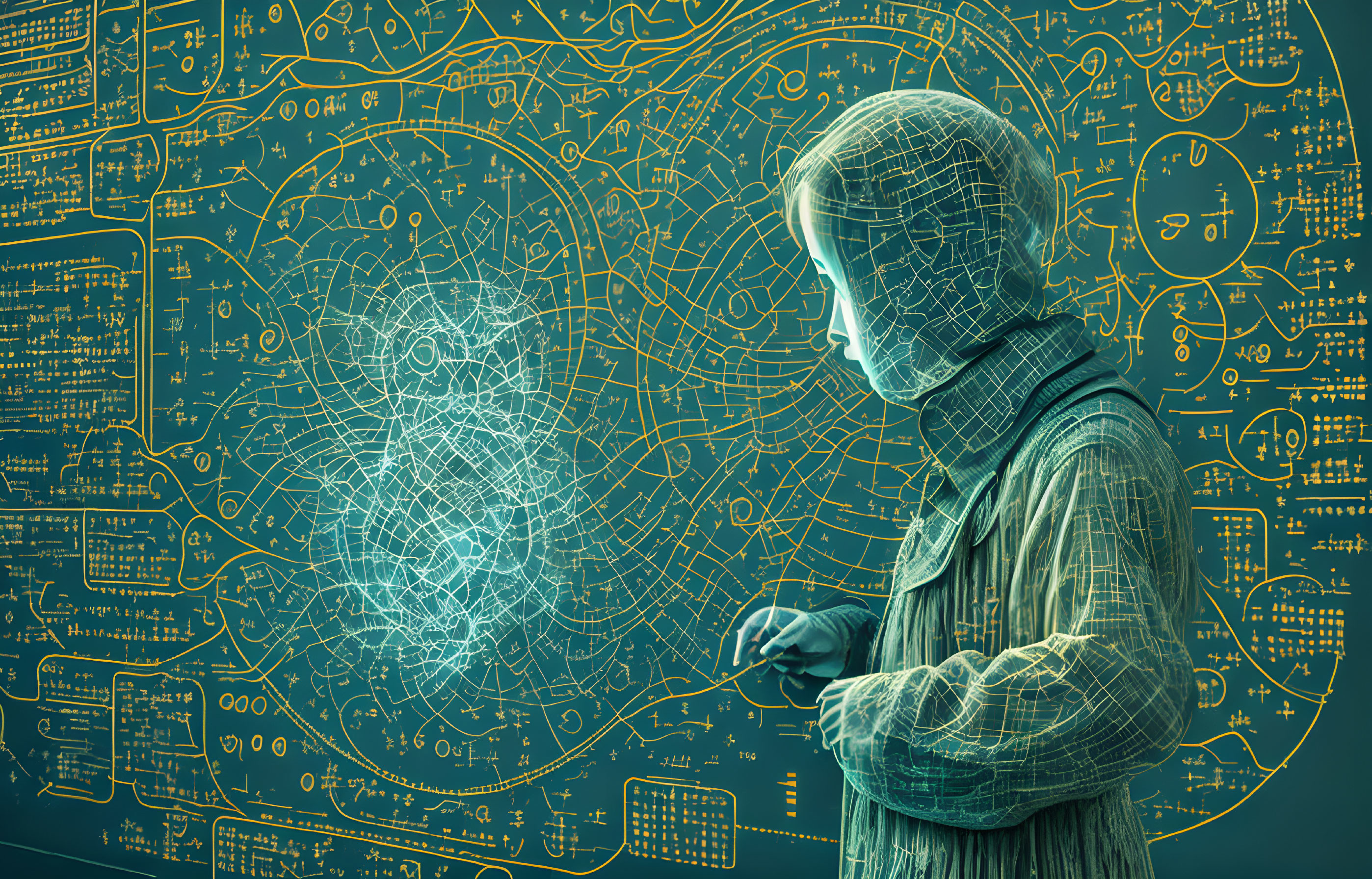 Digital illustration: person with circuitry patterns analyzing data on futuristic interface