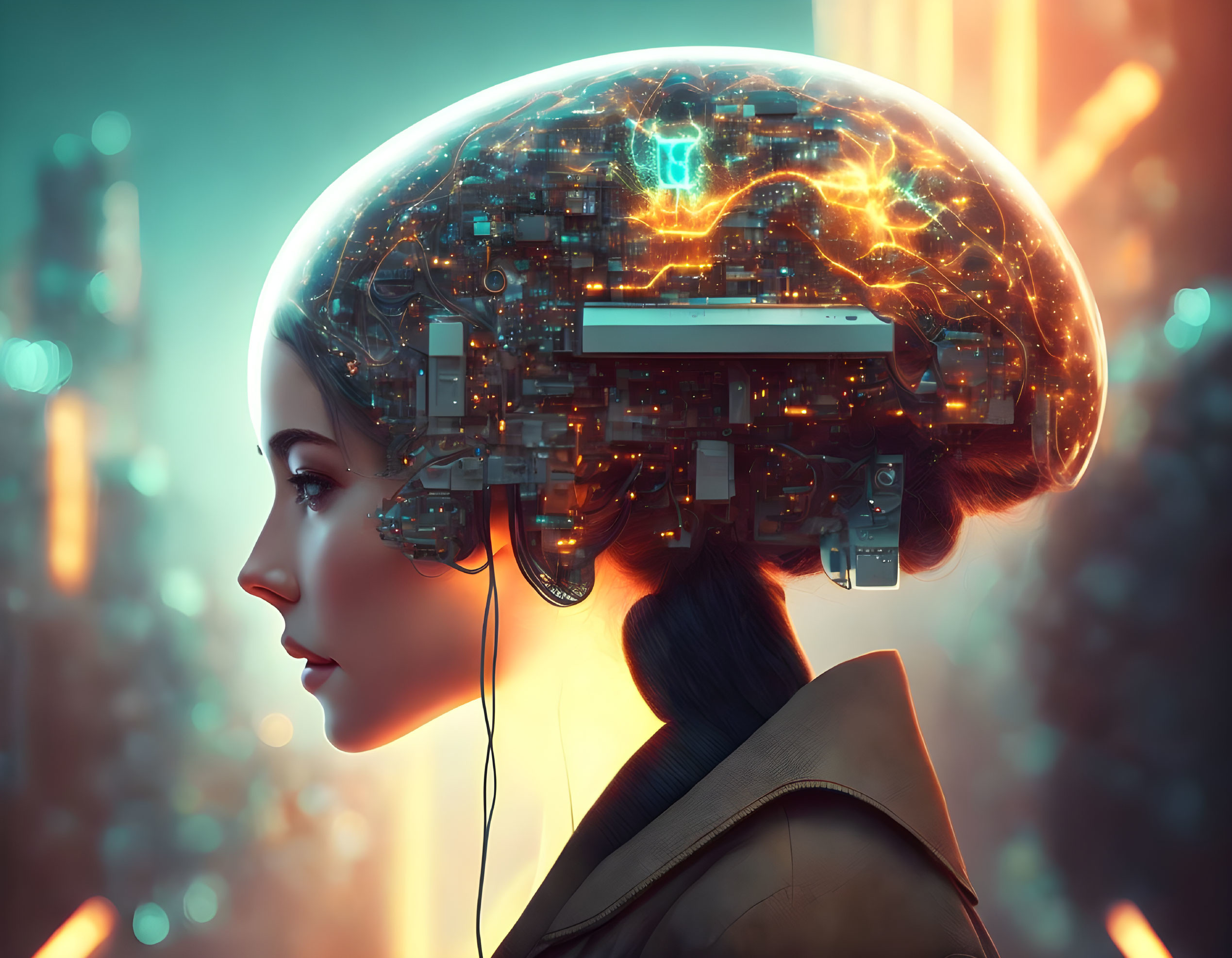 Futuristic woman with transparent computerized brain in neon cityscape