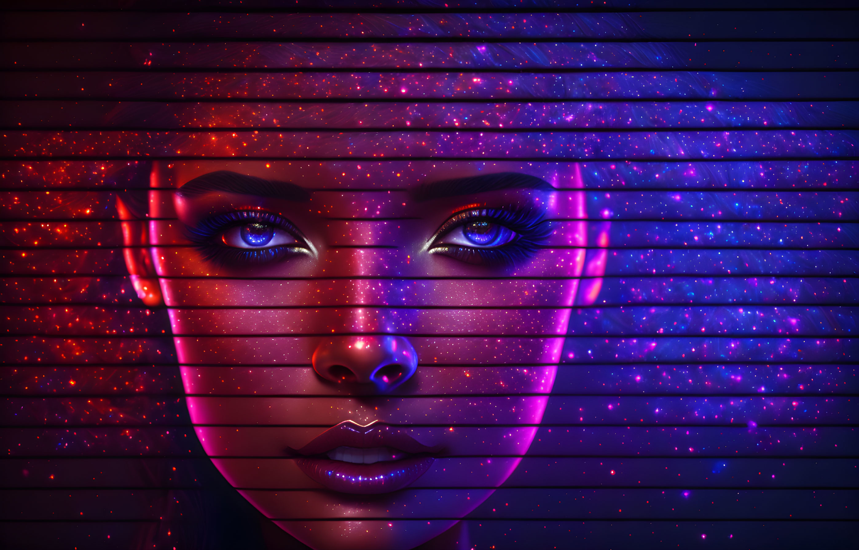 Woman's face under neon lights with purple streaks: a digital, futuristic close-up