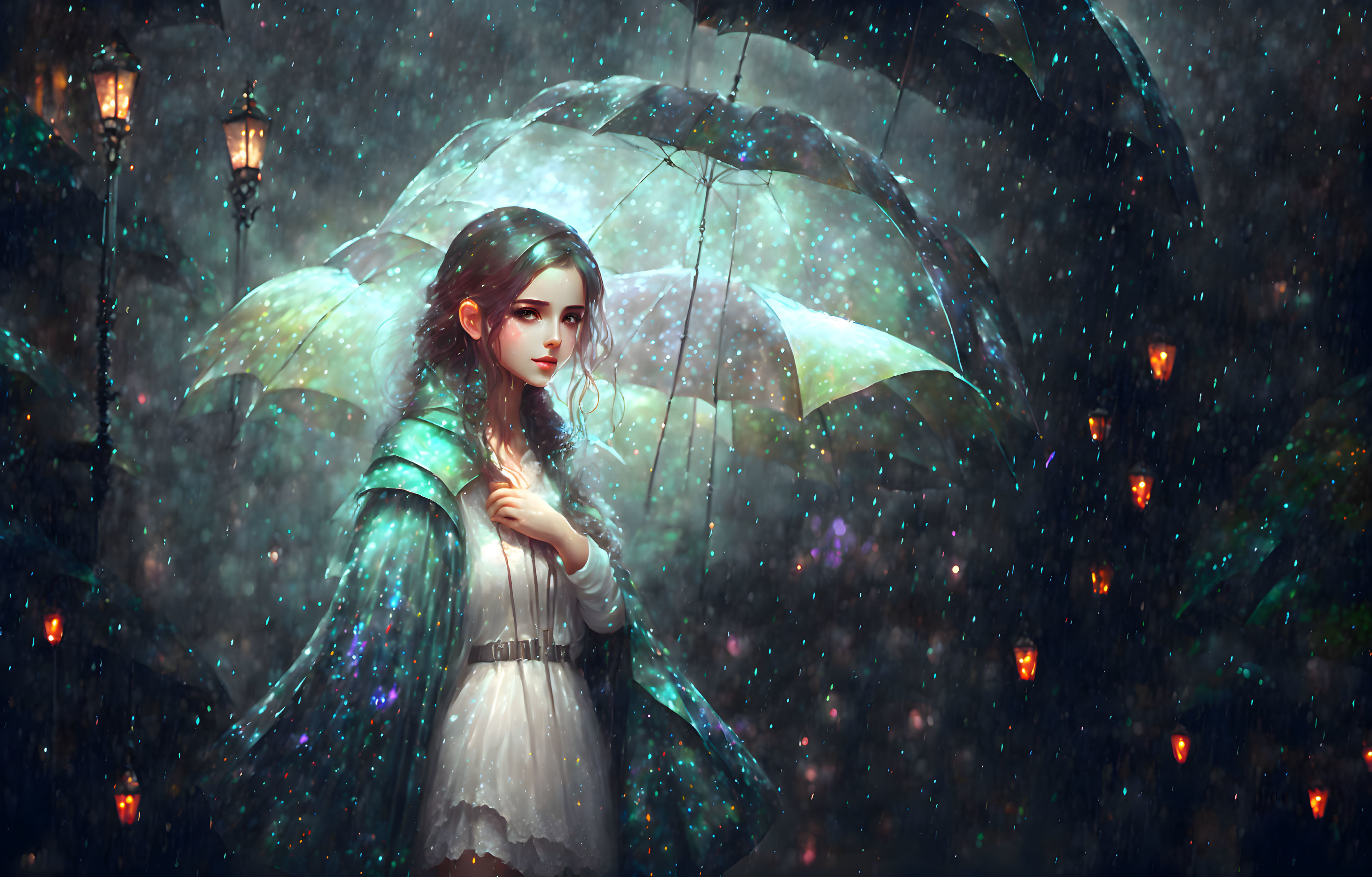 Ethereal woman with umbrella in mystical rain-soaked street