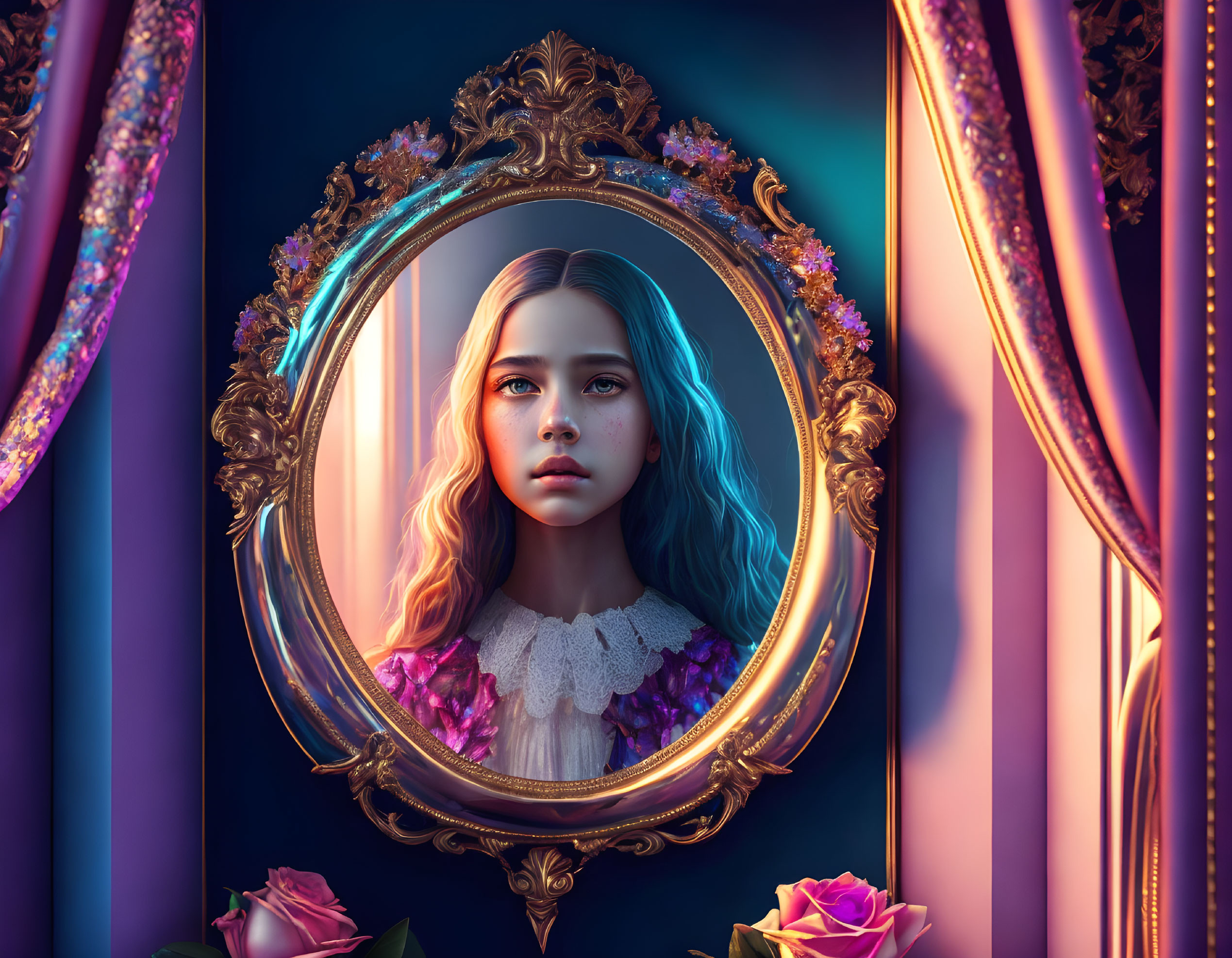 Portrait of young girl with blue hair in ornate golden mirror, pink drapes and roses