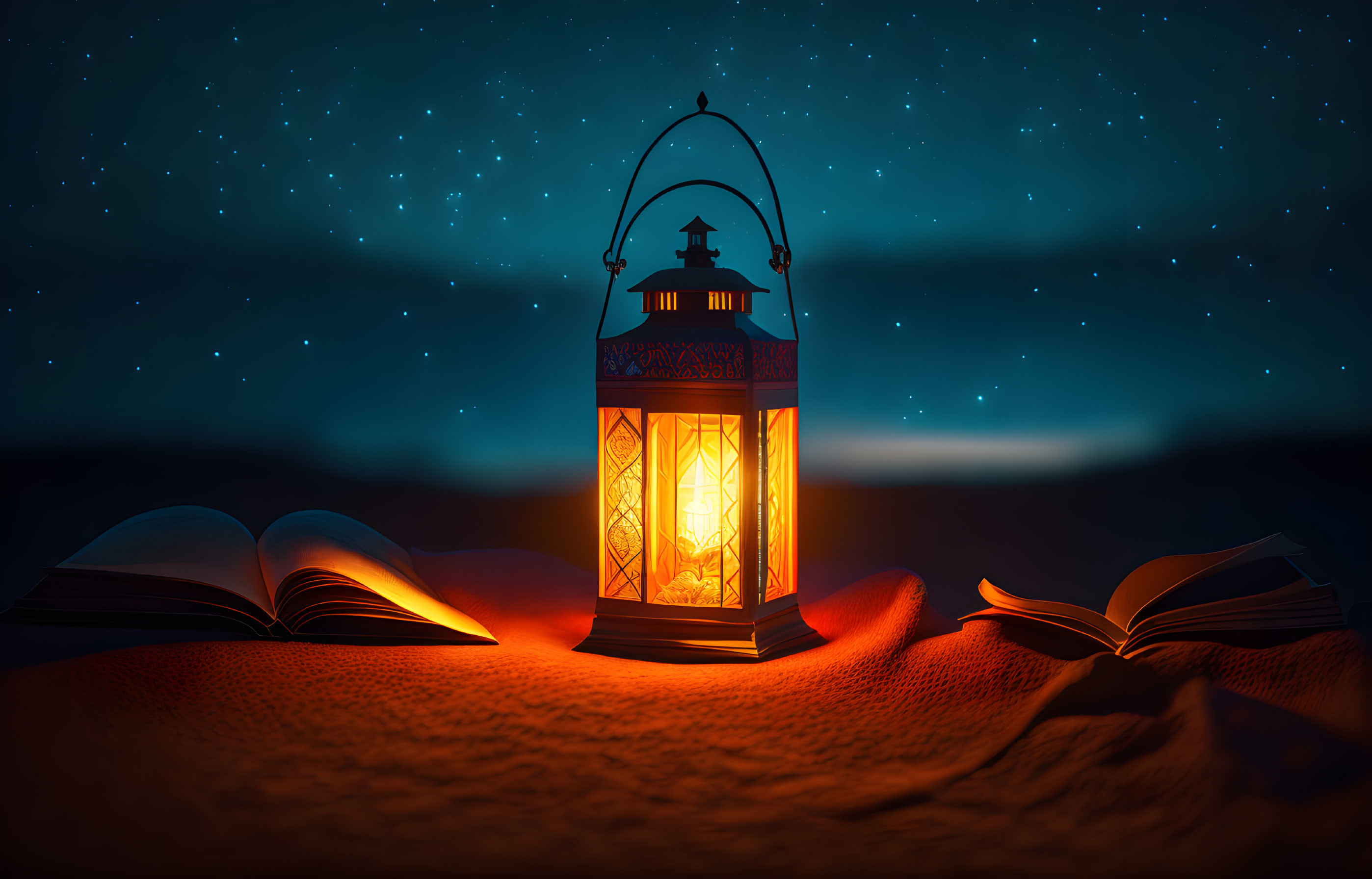 Ornate lantern lighting open books on sandy surface at night