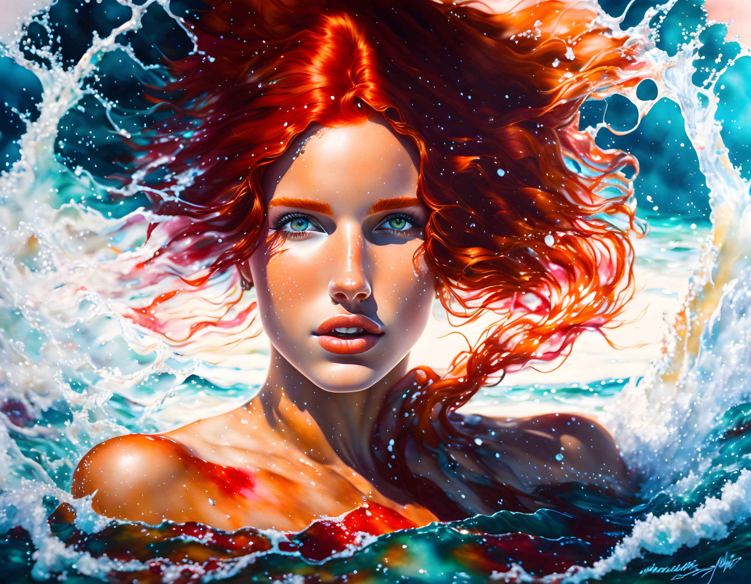 Vivid Illustration: Red-Haired Woman in Ocean Waves