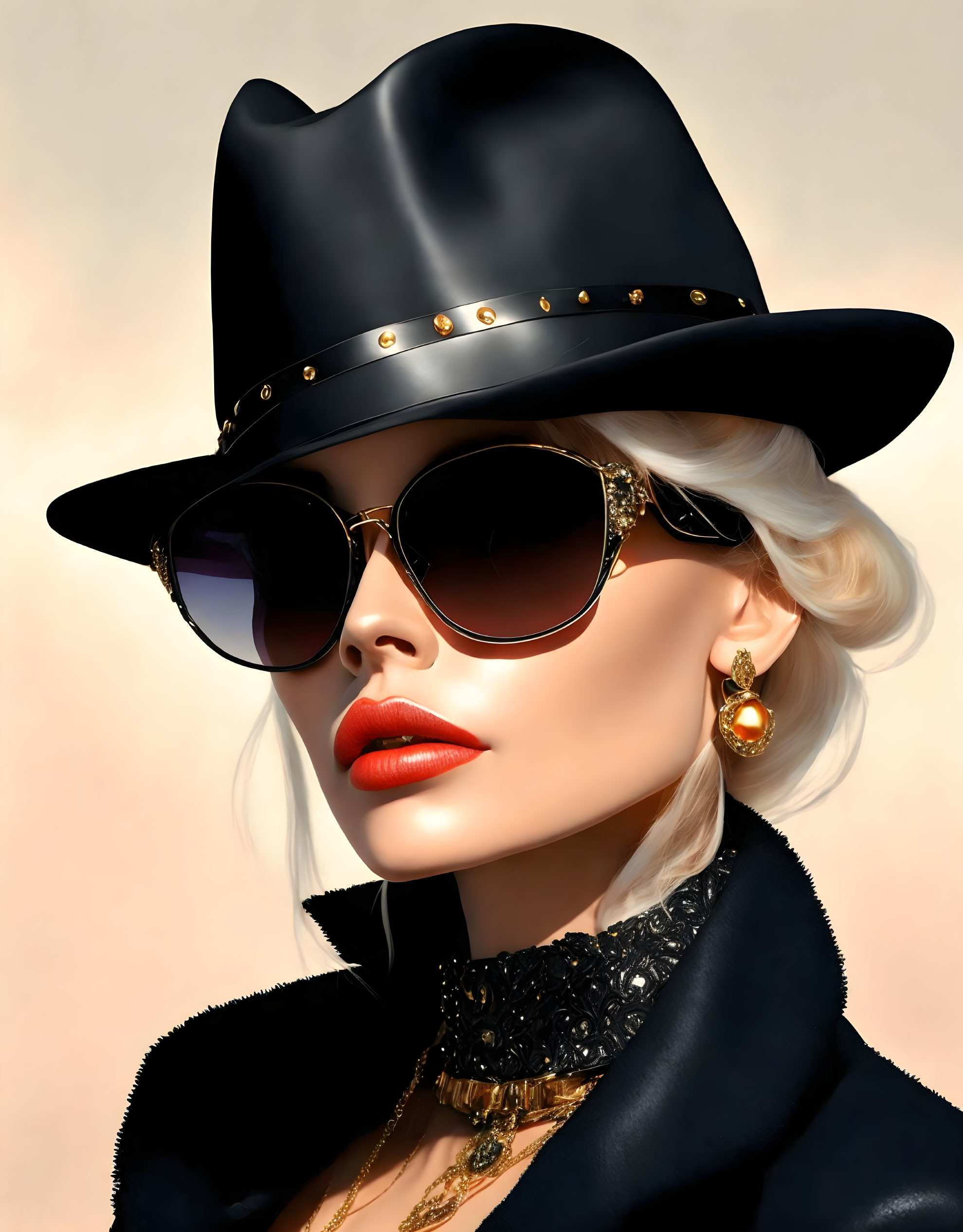 Fashionable Woman Illustration with Red Lips, Black Hat, Sunglasses & Gold Jewelry