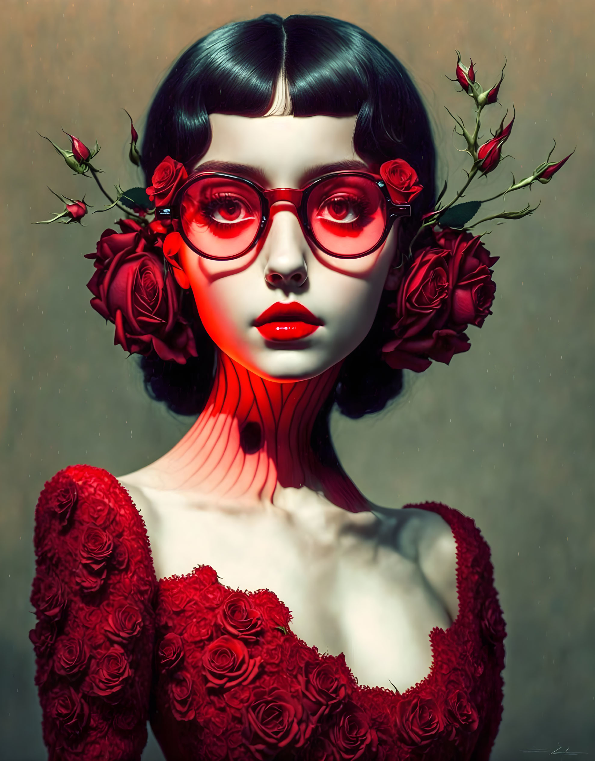 Stylized portrait of a woman with red glasses, lips, and roses