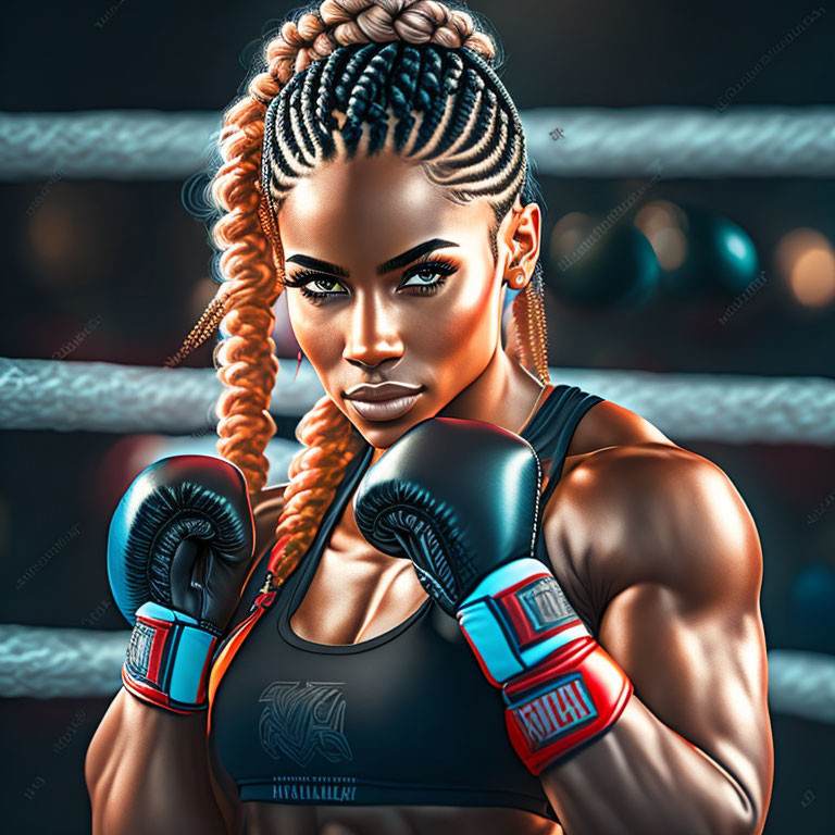 Female boxer with braided hair and blue gloves in boxing ring.