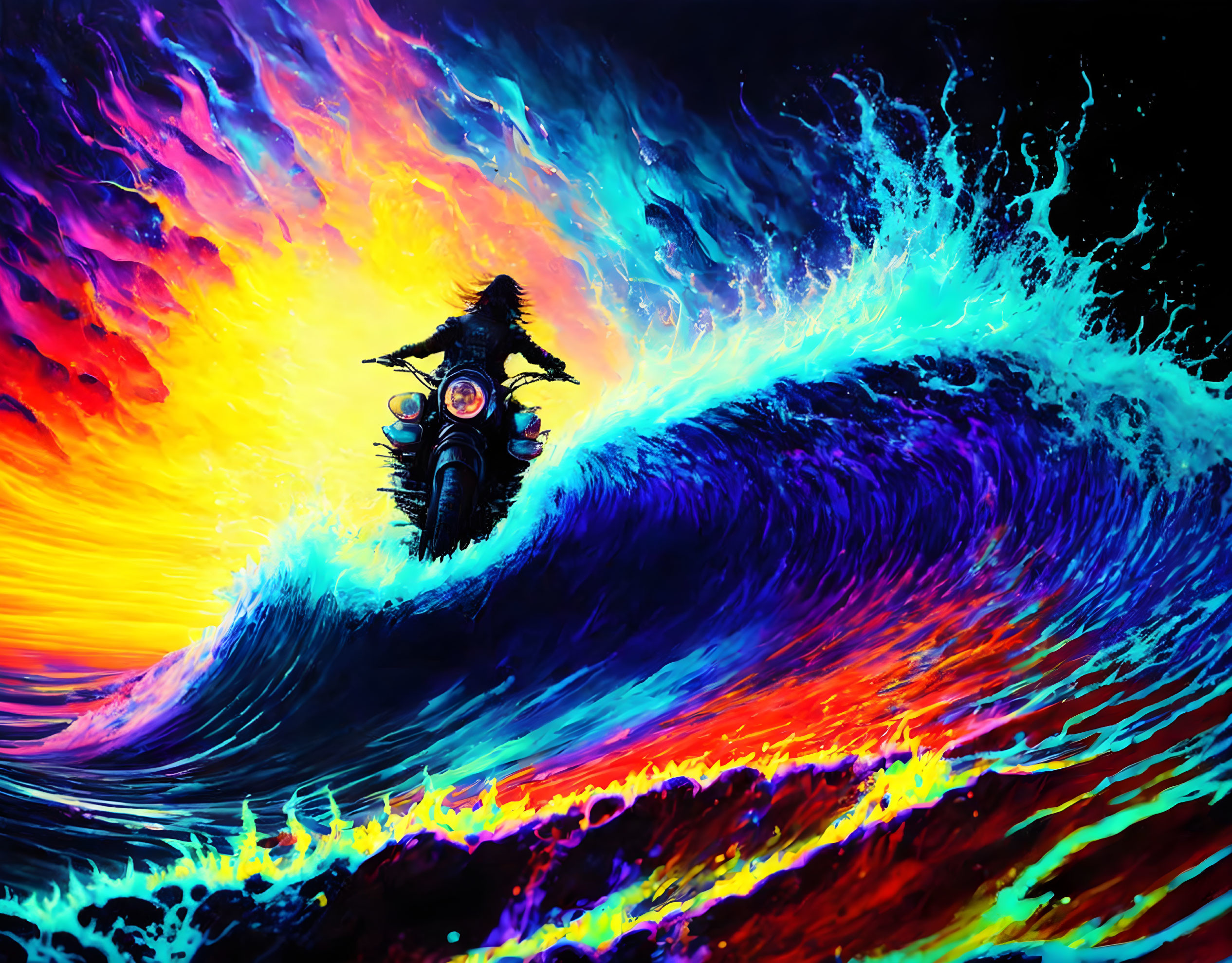 Vivid motorcycle art with fiery sky and massive wave