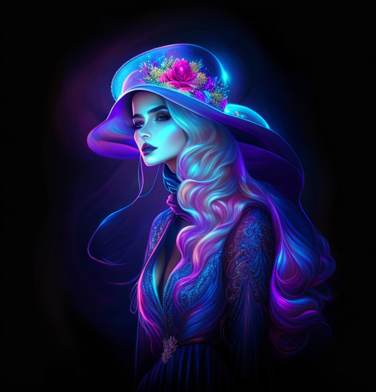 Digital artwork: Woman with flowing hair, neon glow, floral hat, detailed dress on dark background