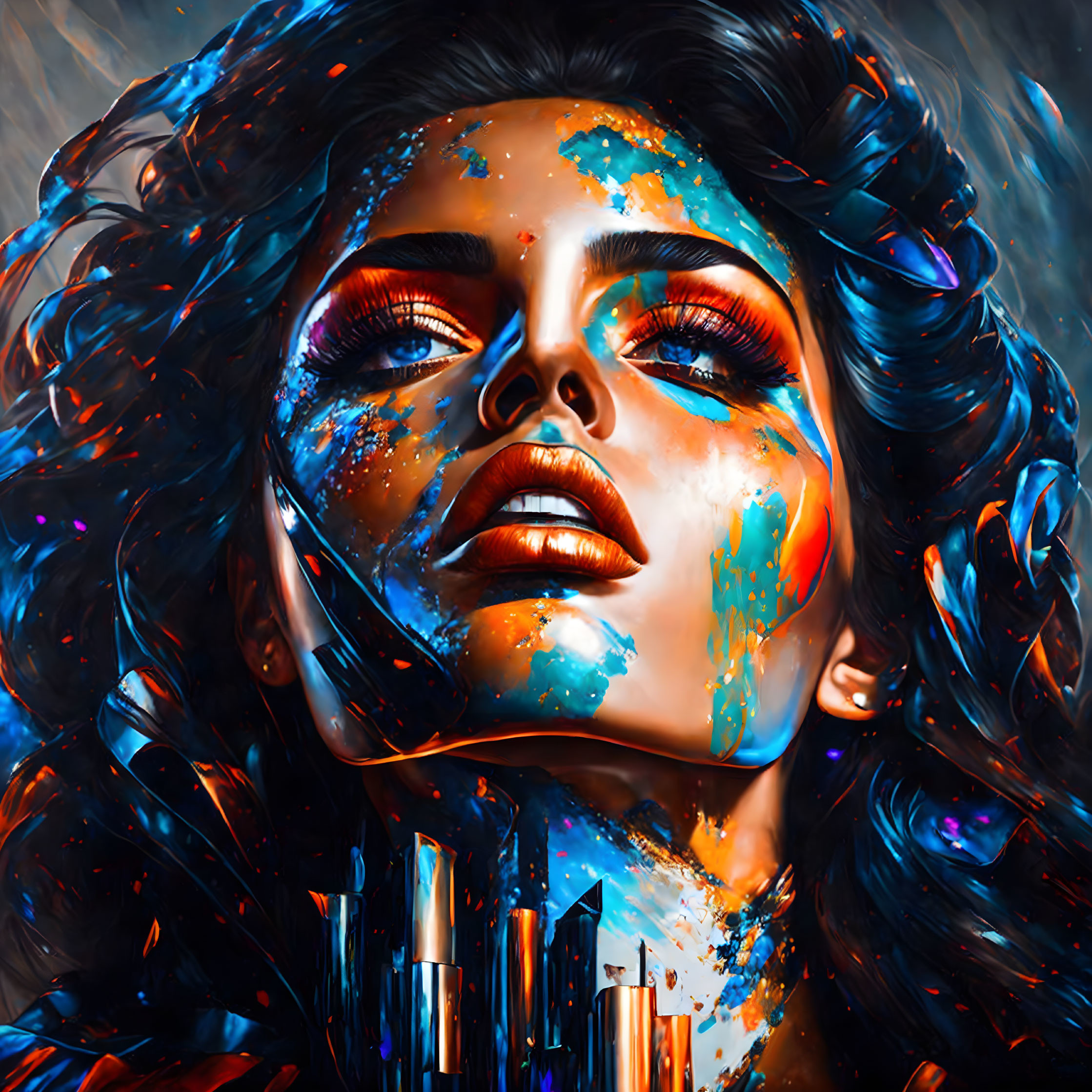 Colorful digital artwork: Woman with paint splashes, skyscrapers, dark background