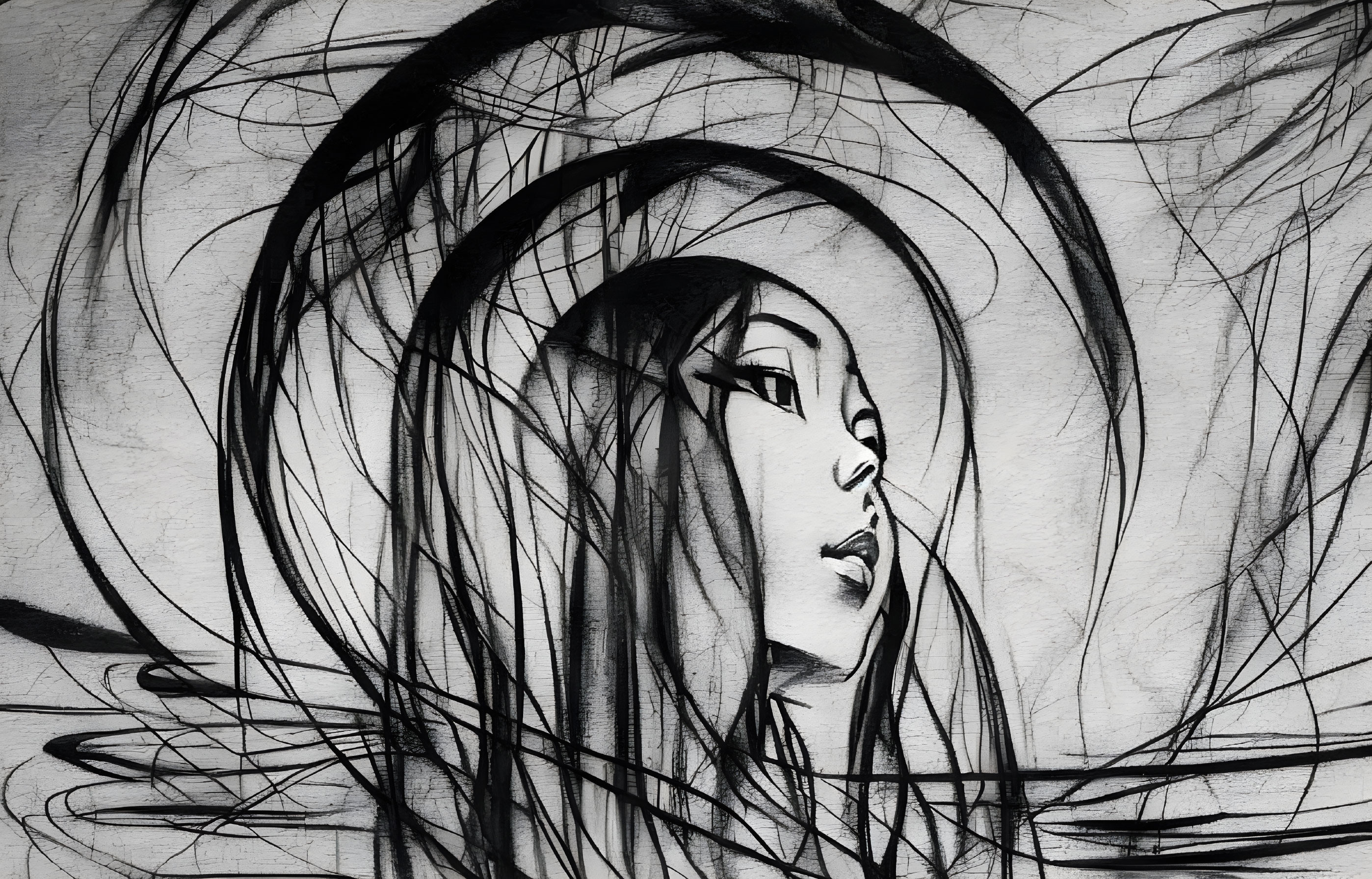 Stylized monochrome sketch of a woman's face with flowing hair and dynamic halo effect