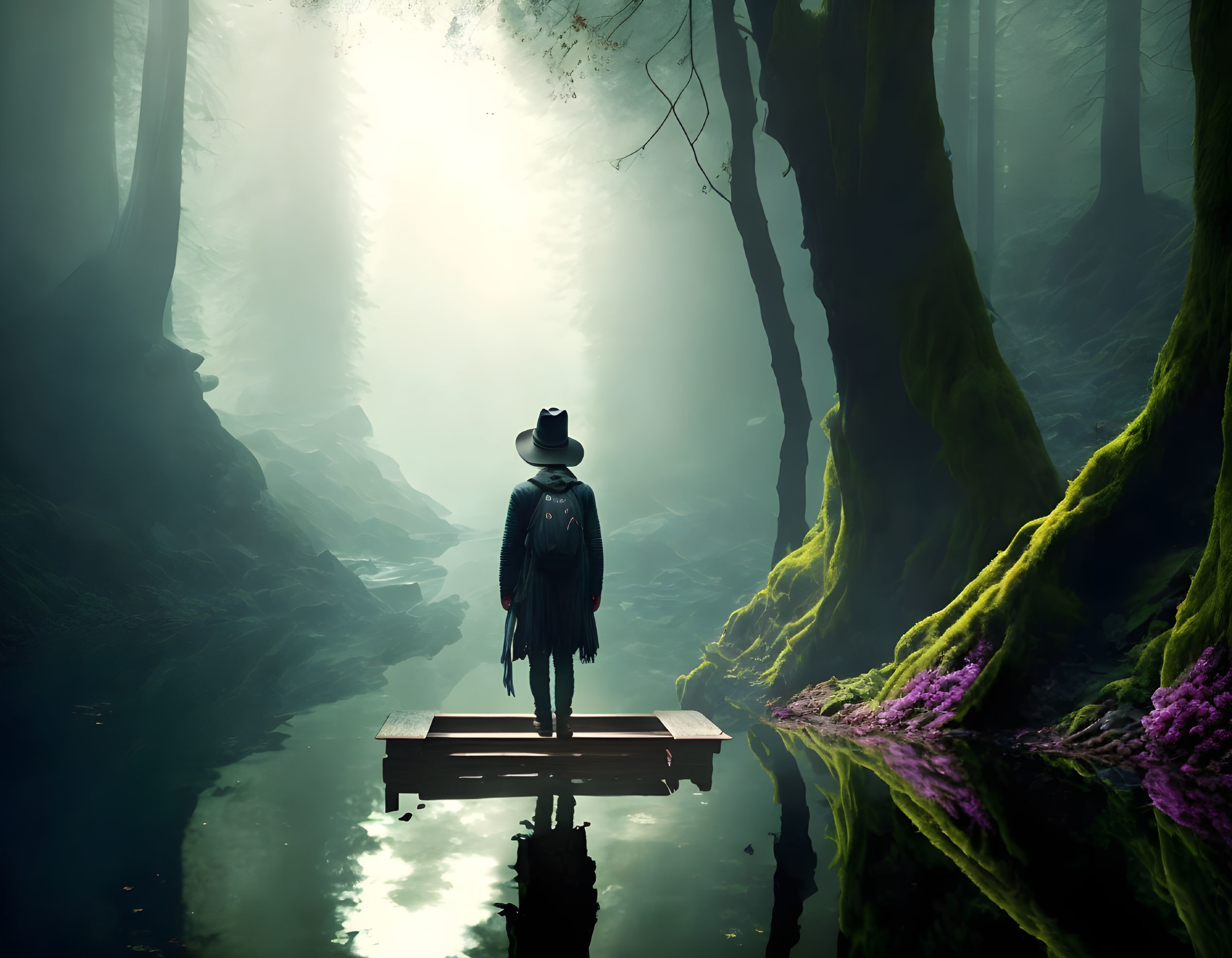 Solitary figure on misty dock in ethereal forest with green moss and purple flowers