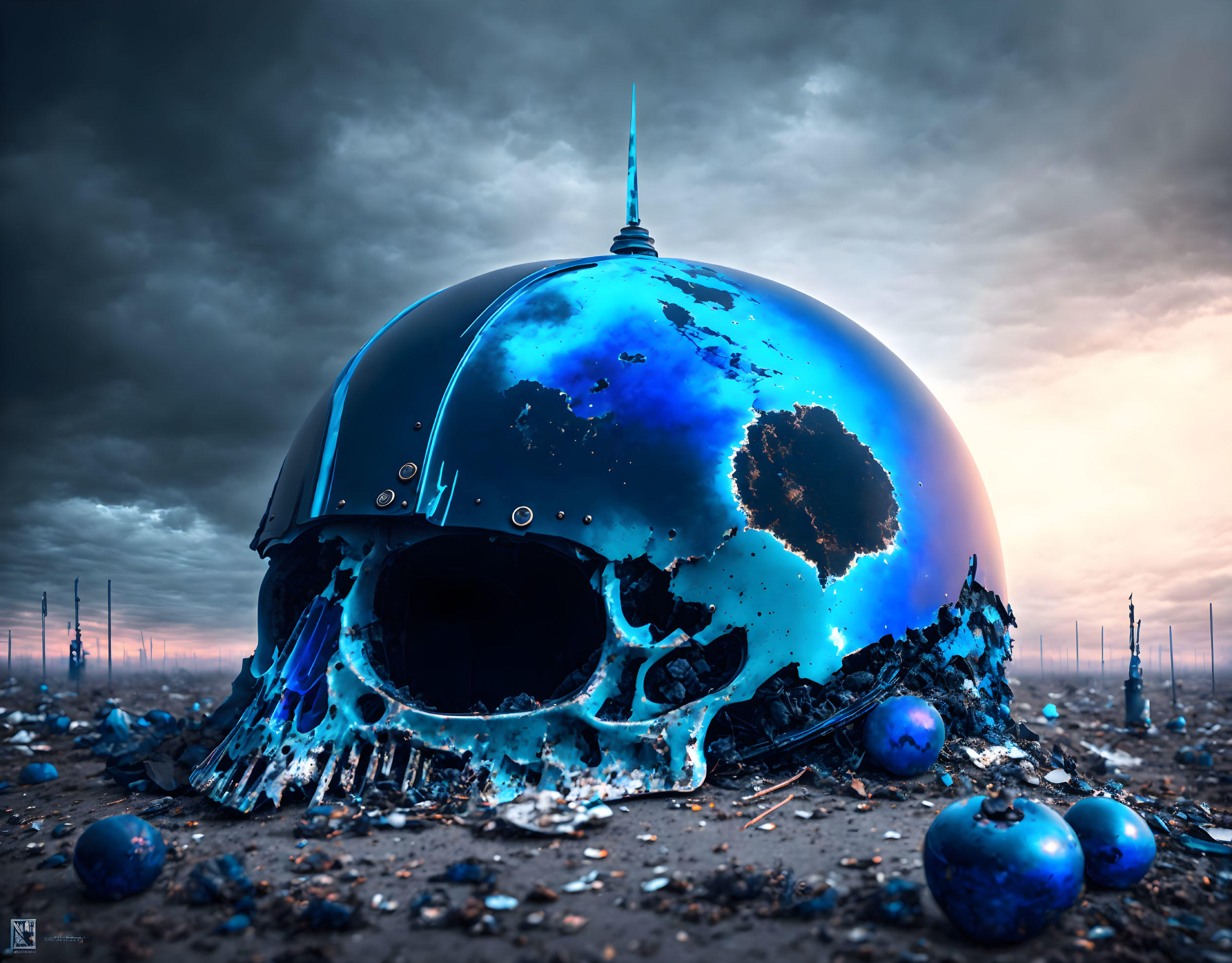 Futuristic blue helmet melting on desolate landscape with scattered spheres