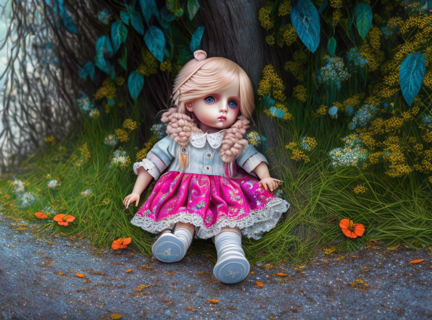 Blonde-haired porcelain doll in pink dress with blue leaves and orange flowers