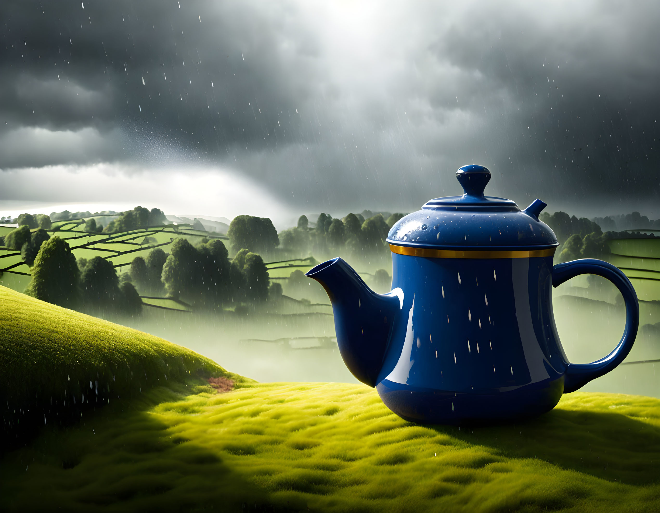 Blue teapot on lush green hills under dramatic rainy sky