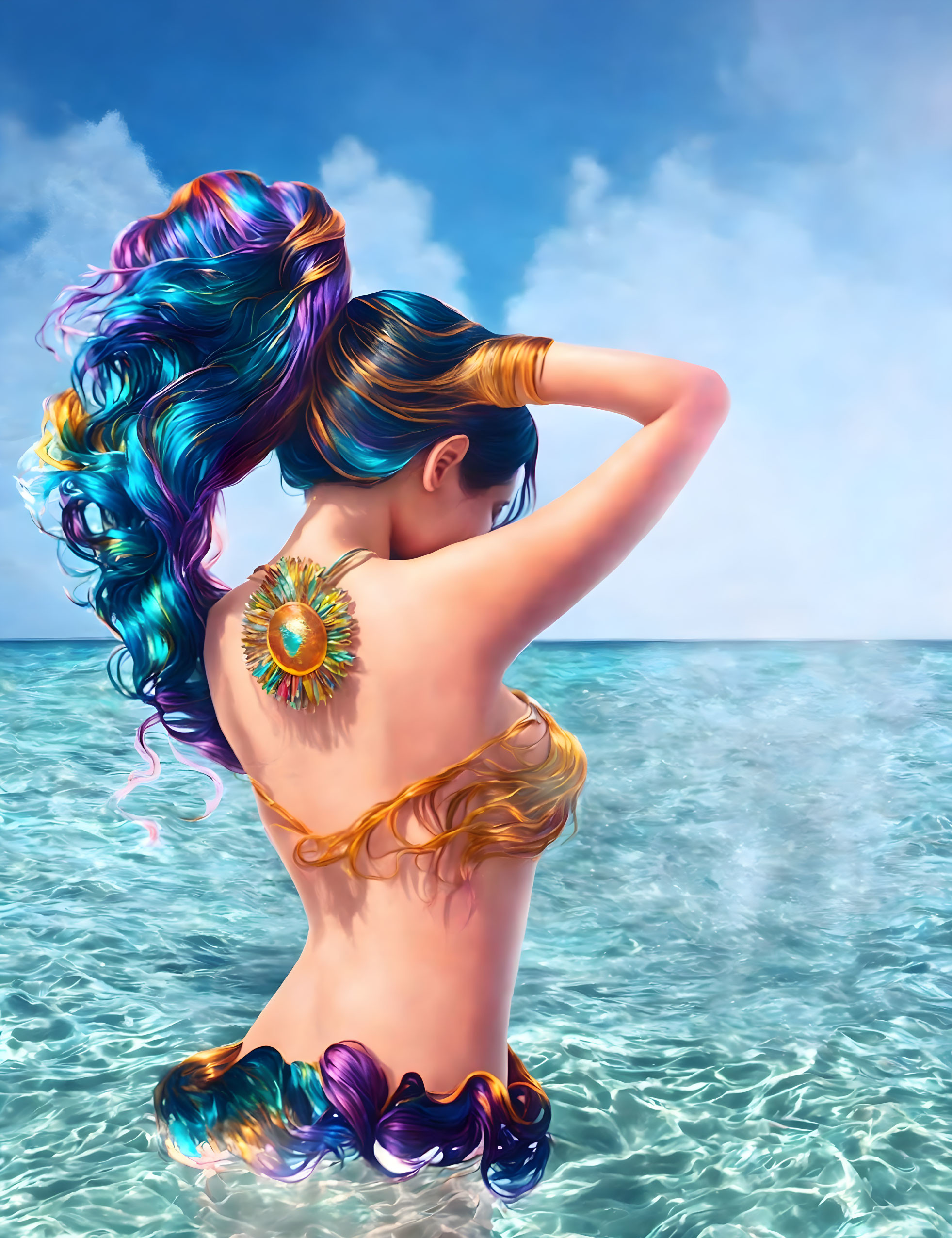 Multicolored hair woman with sun-shaped back jewelry by the sea