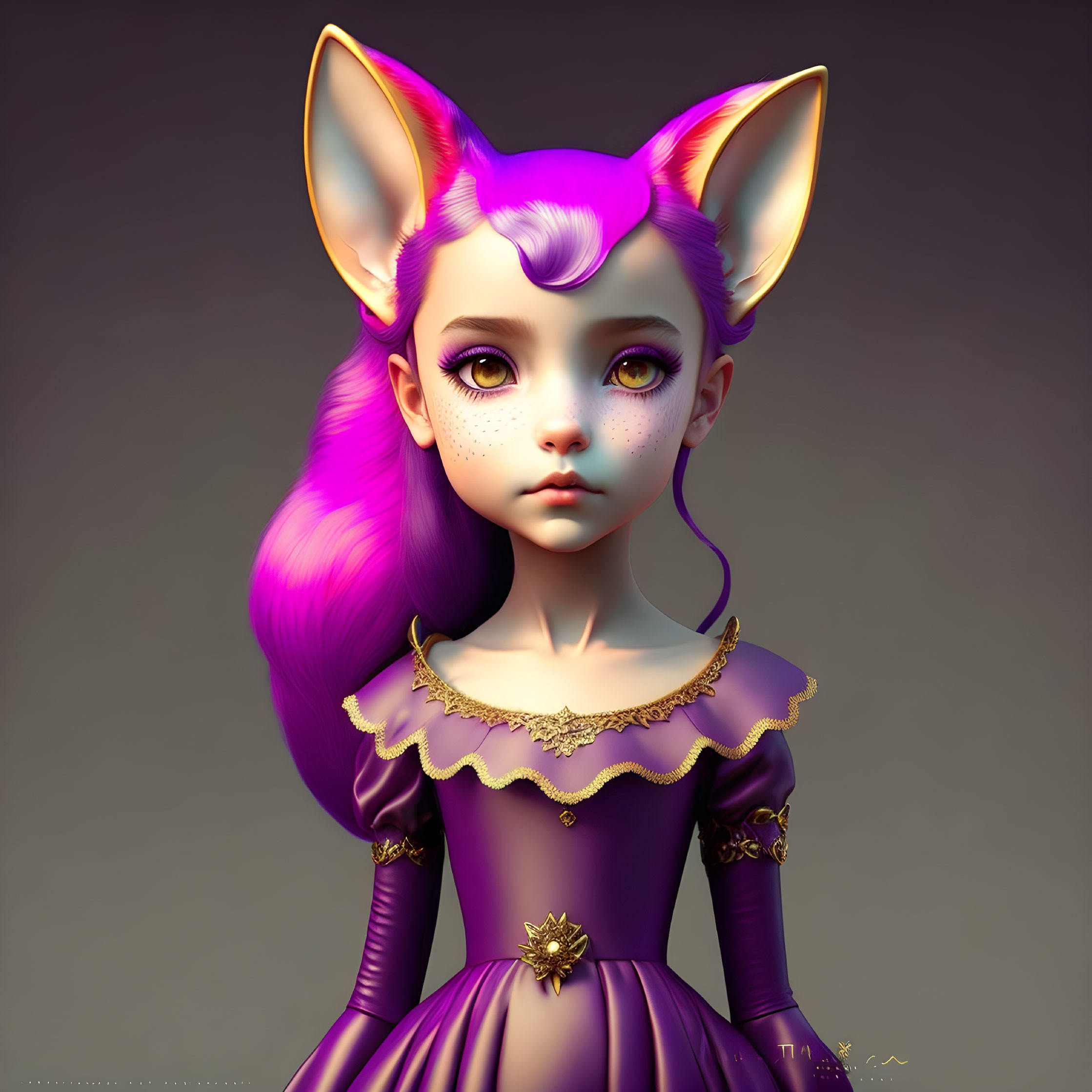 Stylized 3D illustration of girl with cat-like ears and purple hair