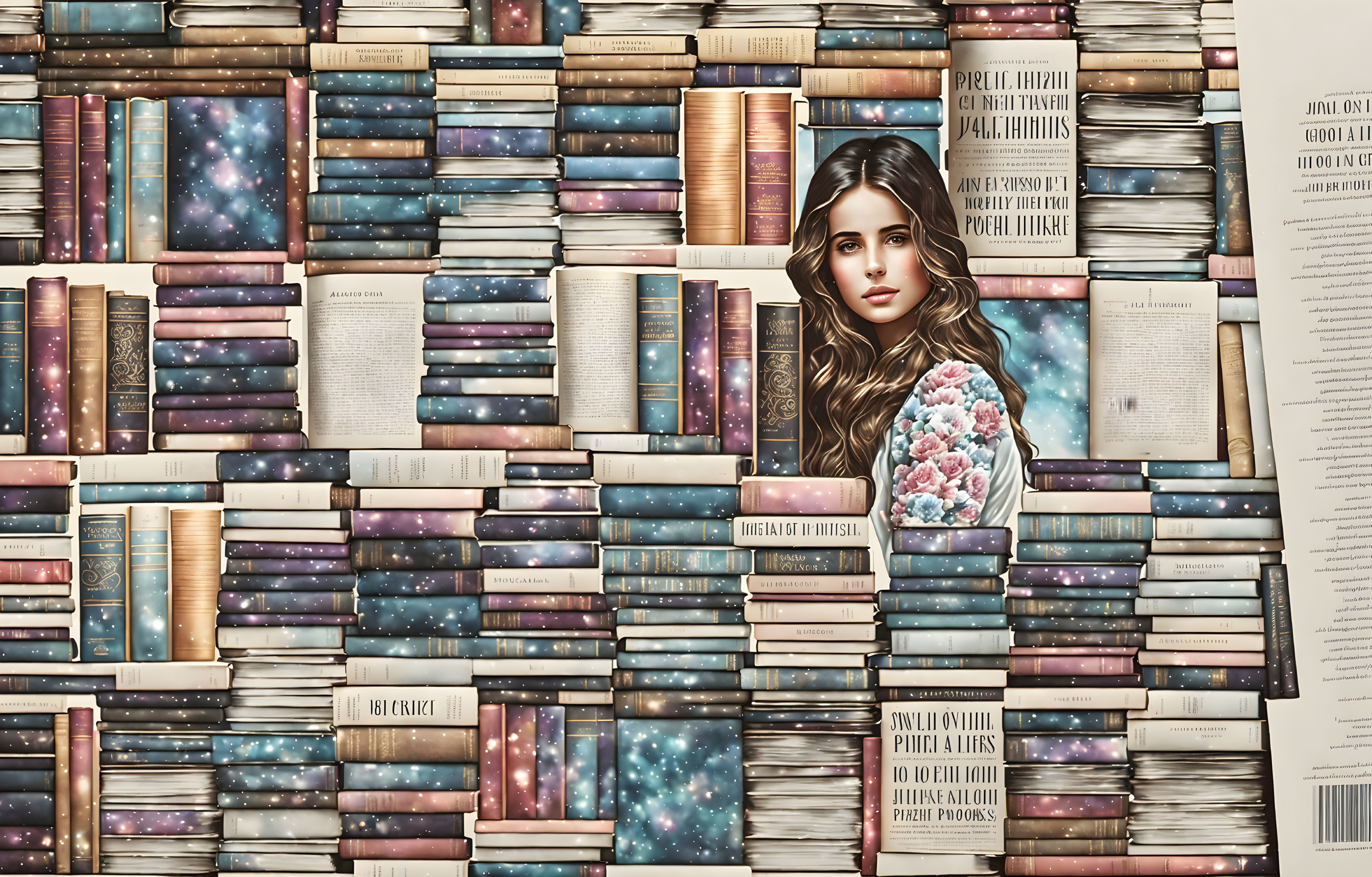 Digital Collage of Woman with Book Spines and Starry Patterns