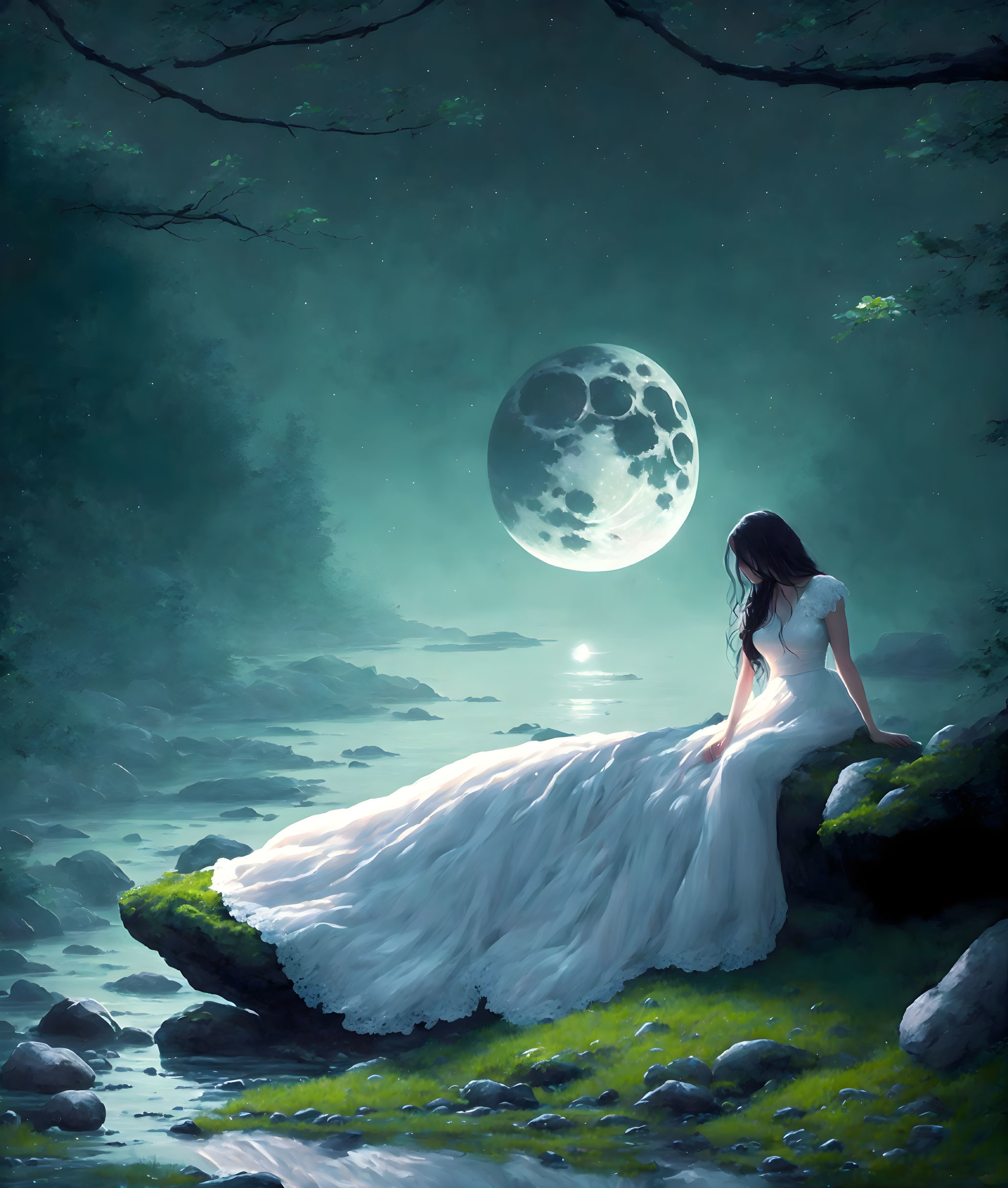 Woman in white dress by tranquil stream under full moon