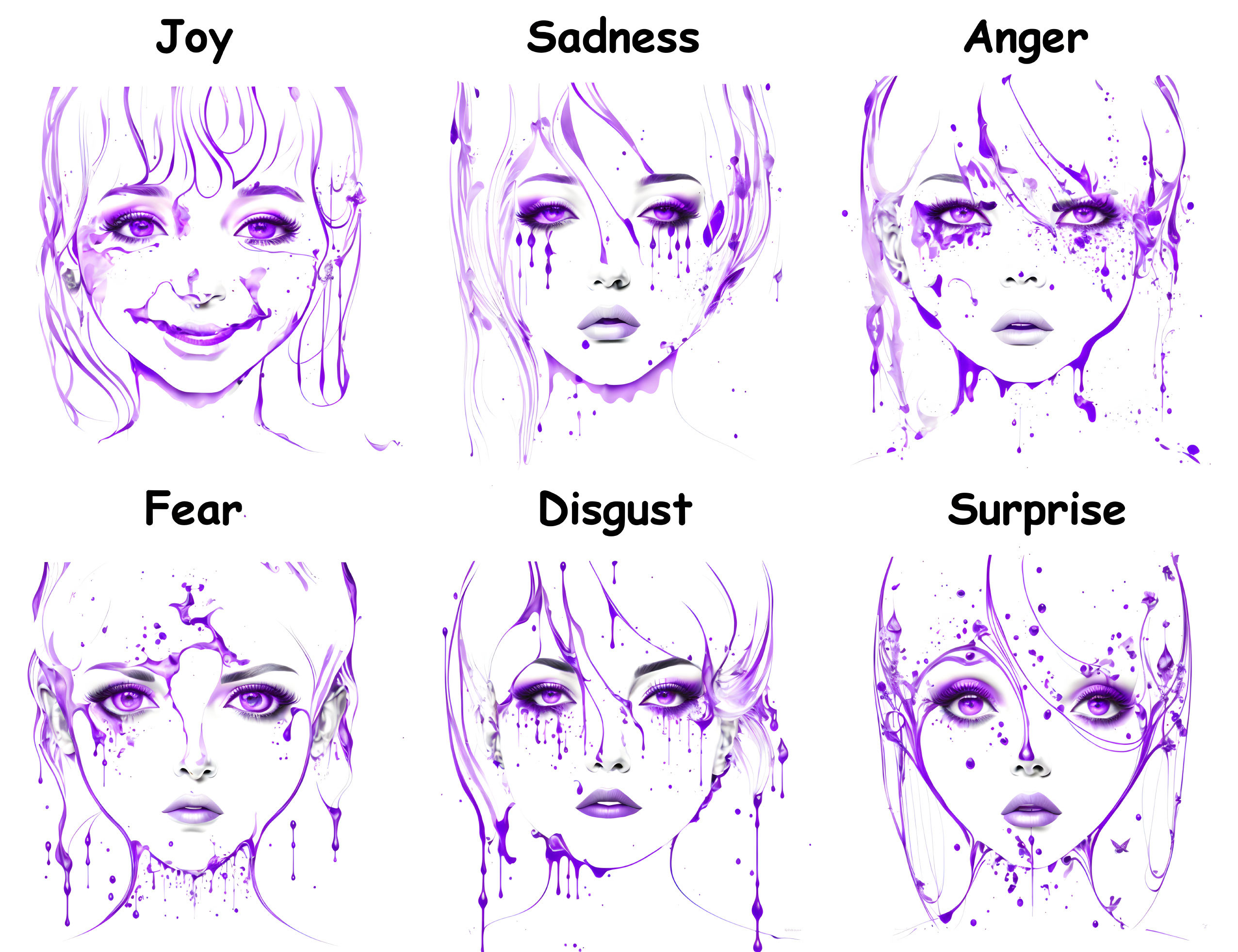 Six stylized illustrations of woman's face showing various emotions labeled.